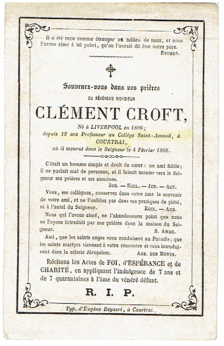 Clément CROFT - Doodsprentje - Liverpool 1806 - Courtrai 1868 - Professeur Au Collége  Saint-Amand - Devotion Images