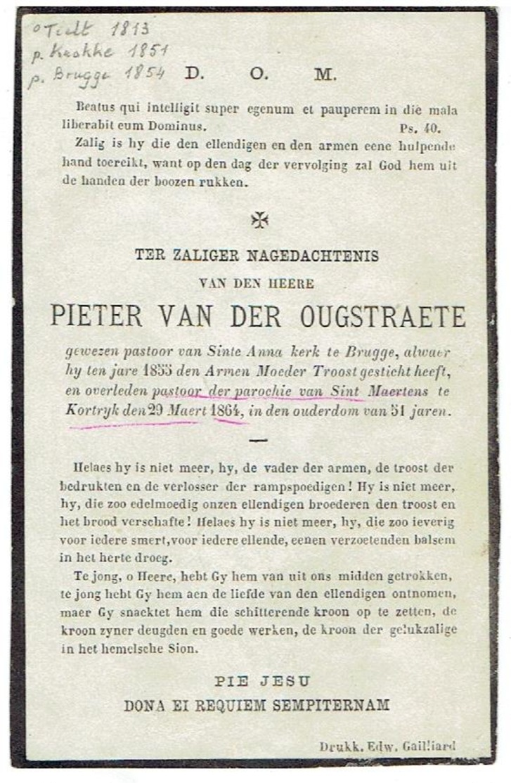 Pieter Van Der OUGSTRAETE - Doodsprentje - Pastoor Brugge - Kortrijk Pastoot St Maertens Overleden 29 Maert 1864 - Devotieprenten