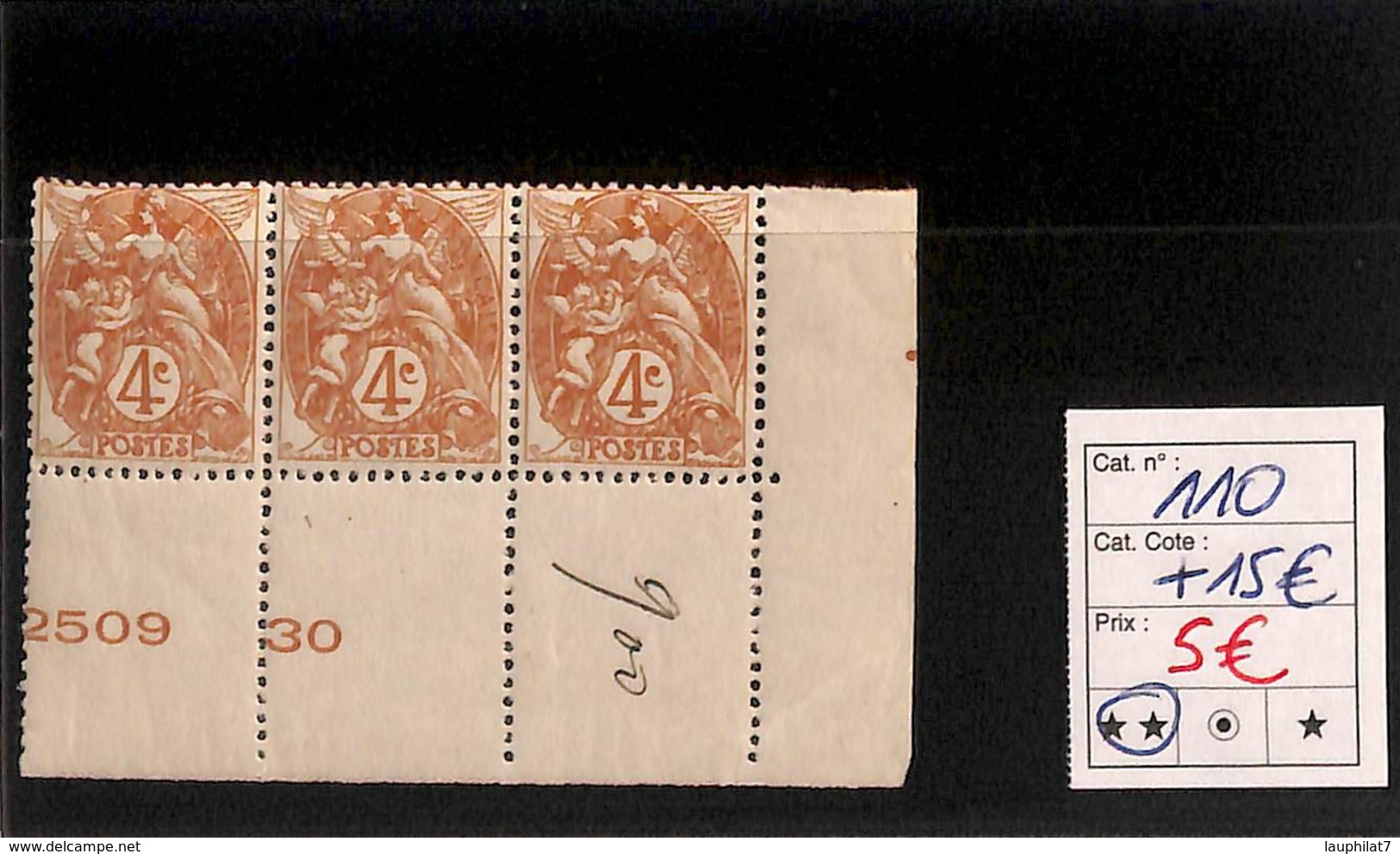 [816485]France 1900 - N° 110, 4c Brun-jaune, Inscriptions Marginales, Triplette, Cdf - 1900-29 Blanc