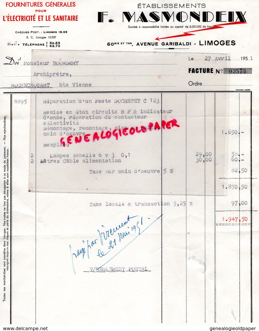 87 - LIMOGES - FACTURE ETS MASMONDEIX -FOURNITURES ELECTRICITE SANITAIRE-60 AVENUE GARIBALDI- 1951 - Elektriciteit En Gas