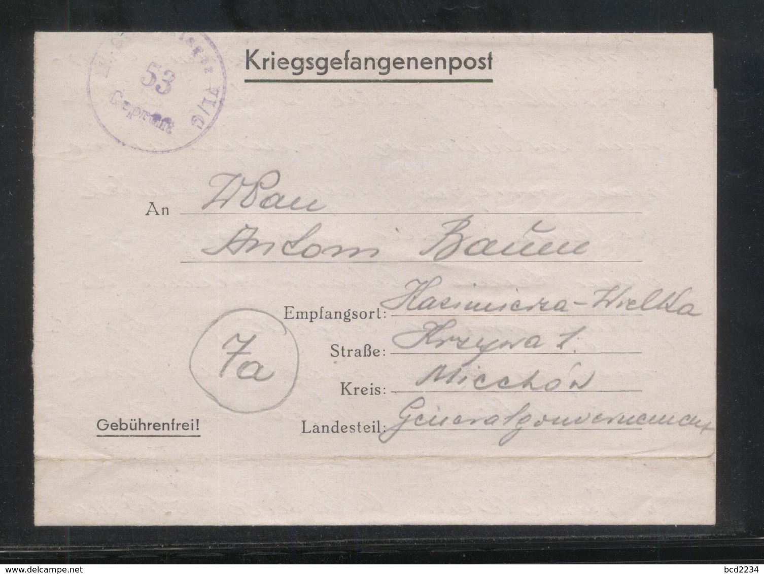 KRIEGSGEFANGENENPOST NAZI GERMANY THIRD REICH WW2 FROM PRISONER WAR POW CAMP STALAG IVG BONN DUISDORF TO KAZIMIERZA WIEL - Gefängnislager