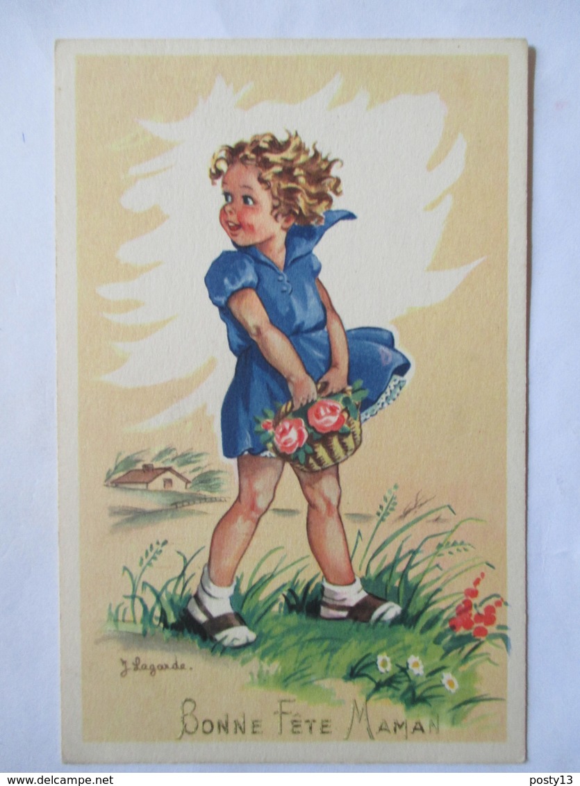 Illustration J. Lagarde - Fillette - Panier De Fleurs - "Bonne Fête Maman"  - CPSM 9x14   TBE - Other & Unclassified