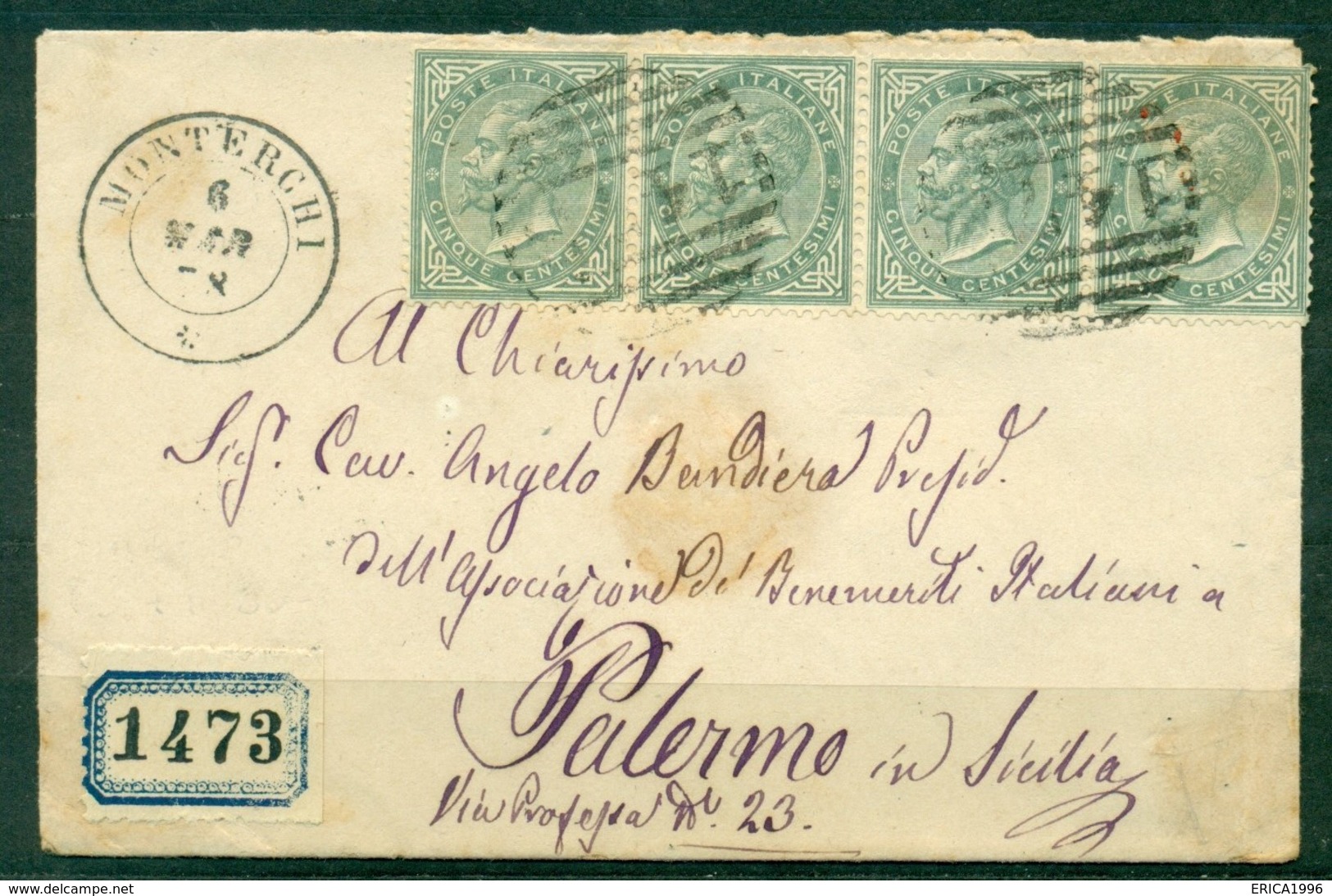 Z771 ITALIA REGNO 1878 NUMERALE 1473 MONTERCHI Punti 9,Lettera Affrancata Con VEII 5 C.(striscia Di 4)e Annullo Numerale - Marcophilie