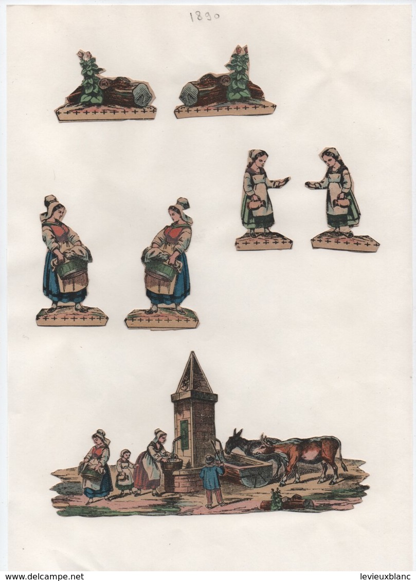 Découpages/ Gravures / Fermières Et Fontaine / Colorisées/ Encollés/ Vers 1850-1880  JE222 - Sonstige & Ohne Zuordnung