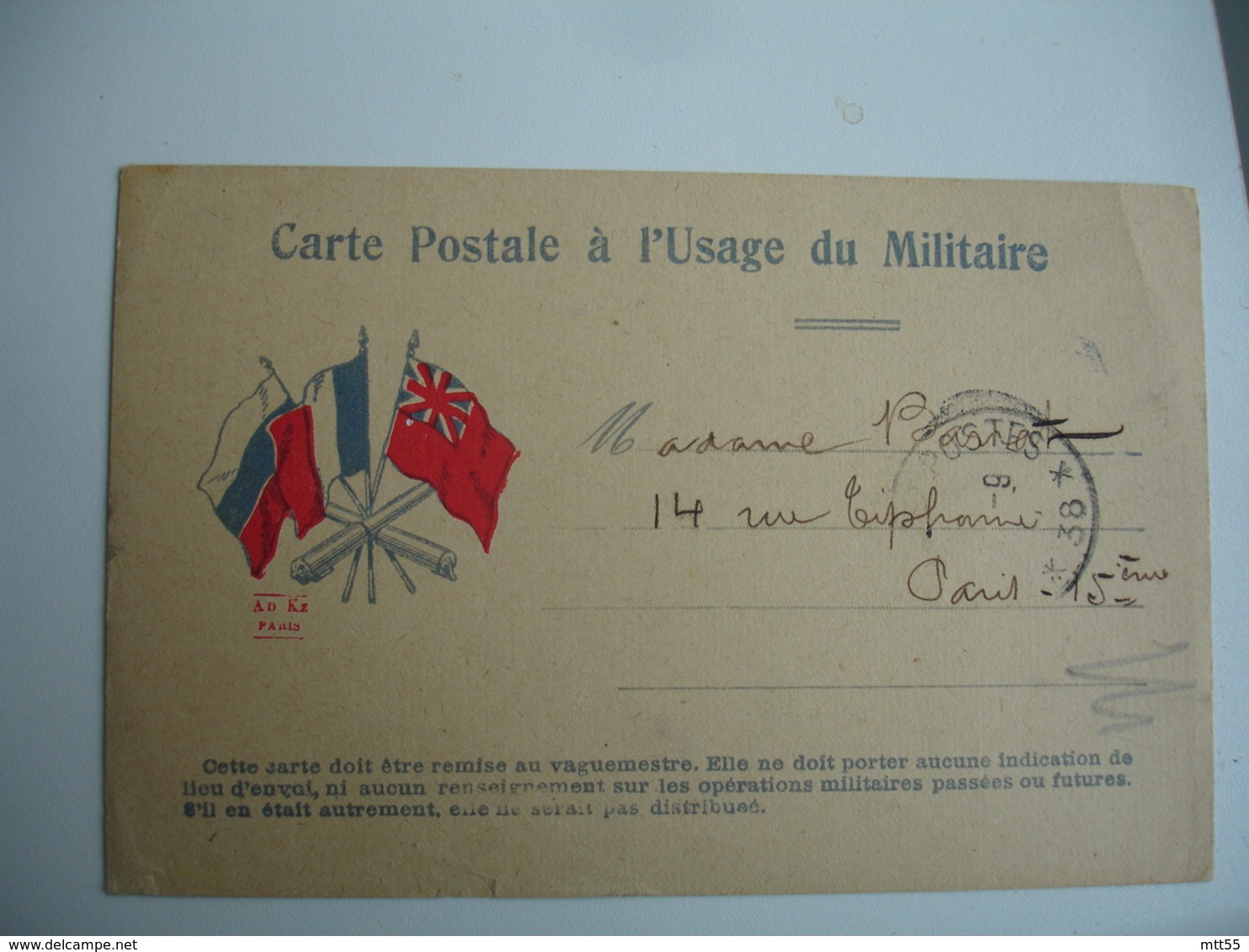 Sur Carte Edi A B Kz 3 Drapeaux Tresor Et Postes 38  Cachet Franchise Postale Militaire Guerre 14.18 - WW I