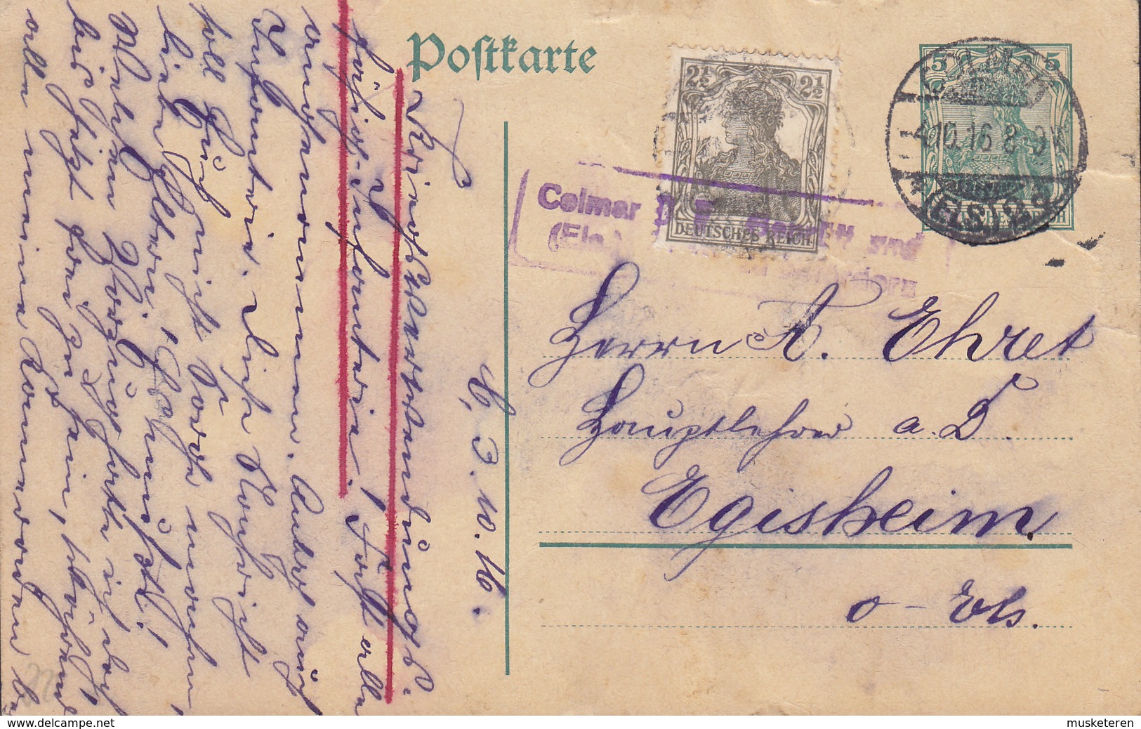 Deutsches Reich Uprated Postal Stationery Ganzsache Entier COLMAR (Elsass) 1916 EGISHEIM Zensur Censor (2 Scans) - Postcards