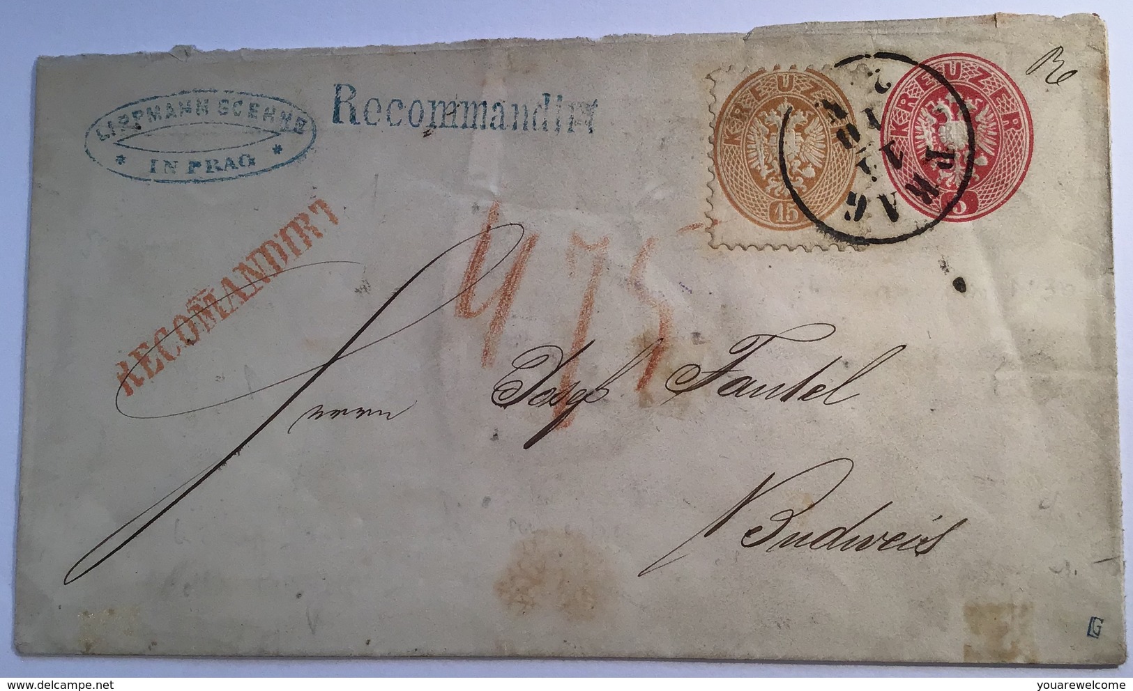 Österreich 1863 Ausgabe 5 Kr Ganzsache + 15 Kr + 10 Kr REKO PRAG RR ! > Budweis (Böhmen Tschechien Brief Austria Cover - Briefe U. Dokumente