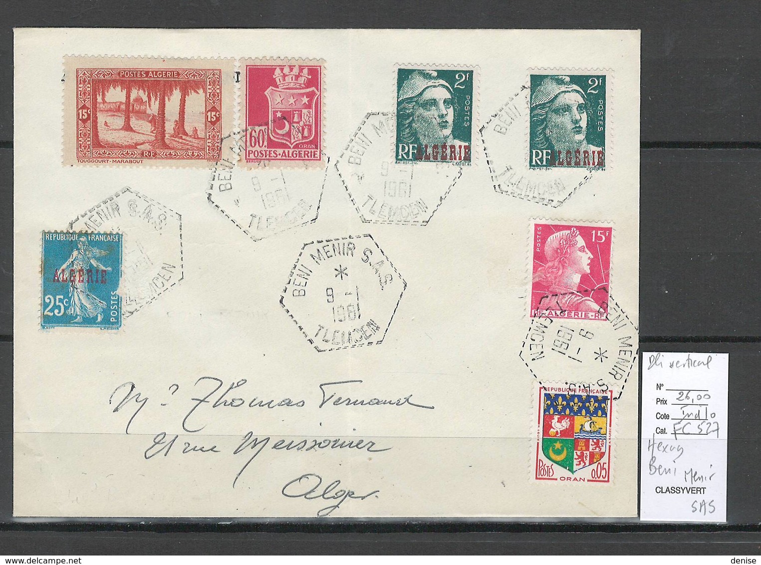 Algerie - Lettre  - Cachet Hexagonal BENI MENIR SAS -  Marcophilie - Lettres & Documents