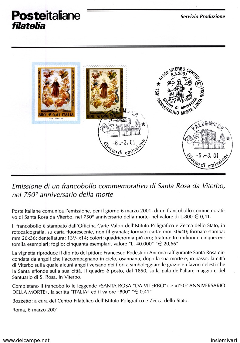 Italia 2001 BOLLETTINO ILLUSTRATIVO N.04 SANTA ROSA DA VITERBO.CON FRANCOBOLLO ANNULLO FDC. - Altri & Non Classificati