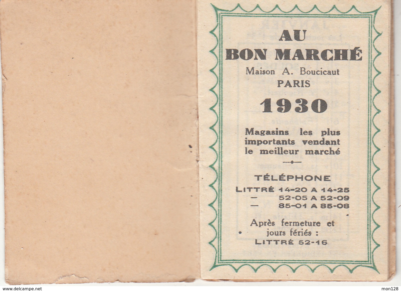 PETIT CALENDRIER COMPLET 1930  AU BON MARCHE PARIS - Petit Format : 1921-40