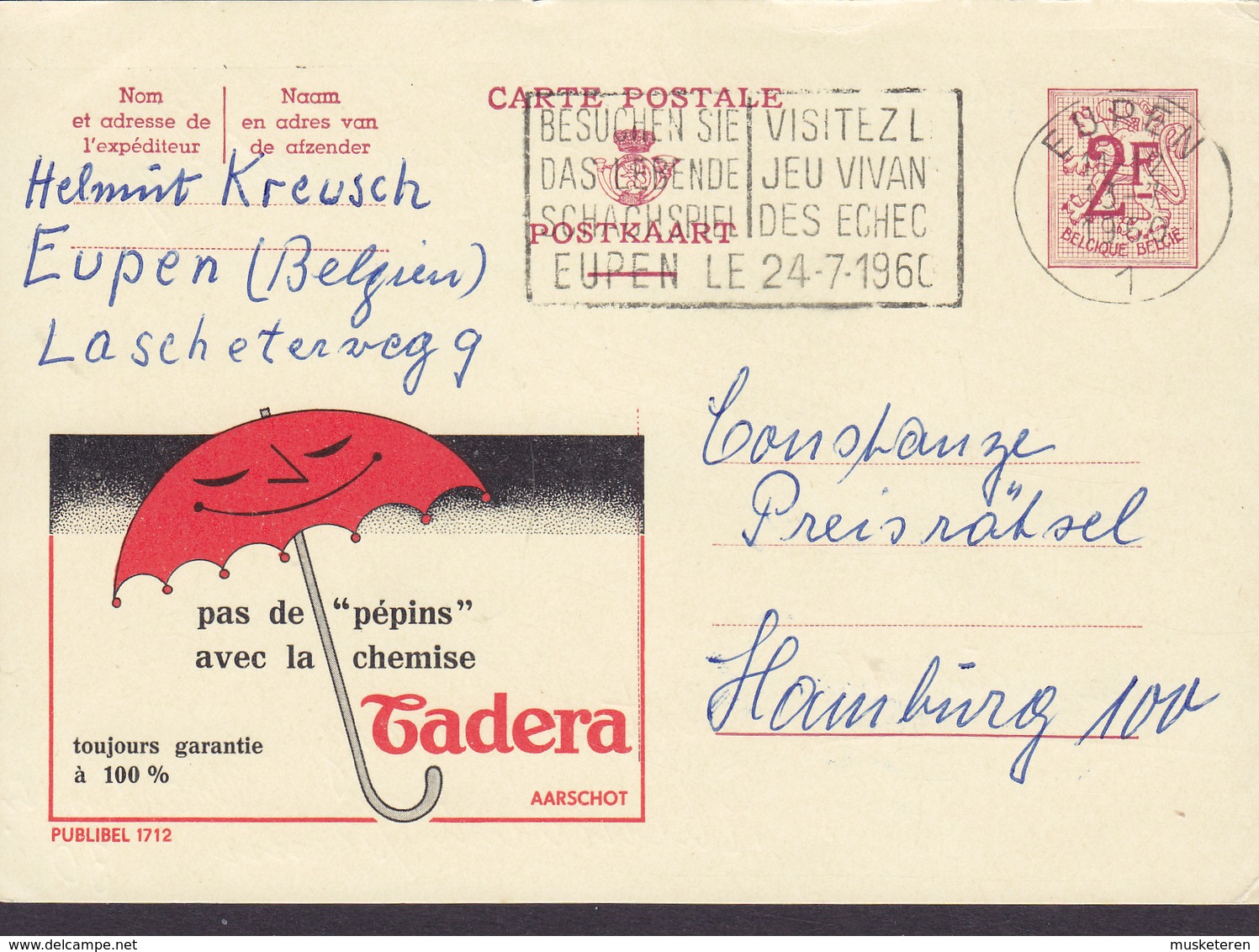 Belgium Postal Stationery Ganzsache Entier PRIVATE Print 'Cadera' Umbrella Paraplui Flamme 'Schach Echec' EUPEN 1960 - Eupen & Malmédy