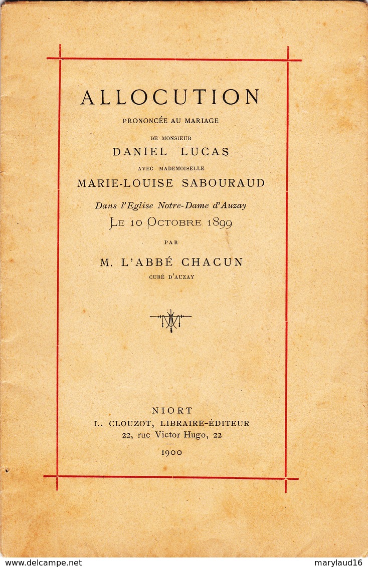 Auzay (Vendée) - Allocution Mariage Daniel Lucas Et Marie-Louise Sabouraud 1899 - Religion & Esotérisme