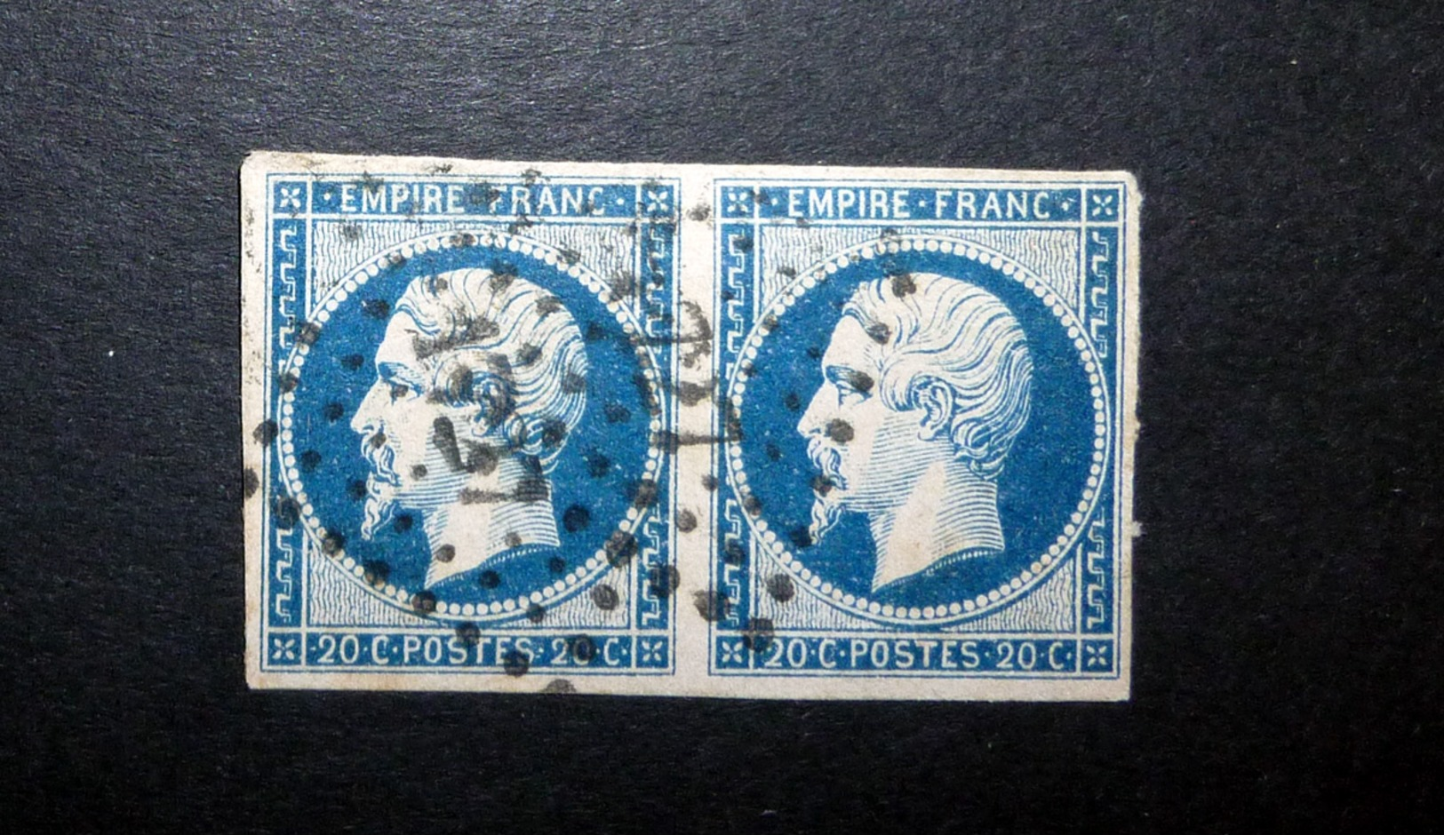 FRANCE 1854 N°14I PAIRE OBL. LOSANGE PC 1727 (NAPOLÉON III. SECOND EMPIRE. 20C BLEU. LÉGENDE EMPIRE FRANC. NON DENTELÉ. - 1853-1860 Napoléon III