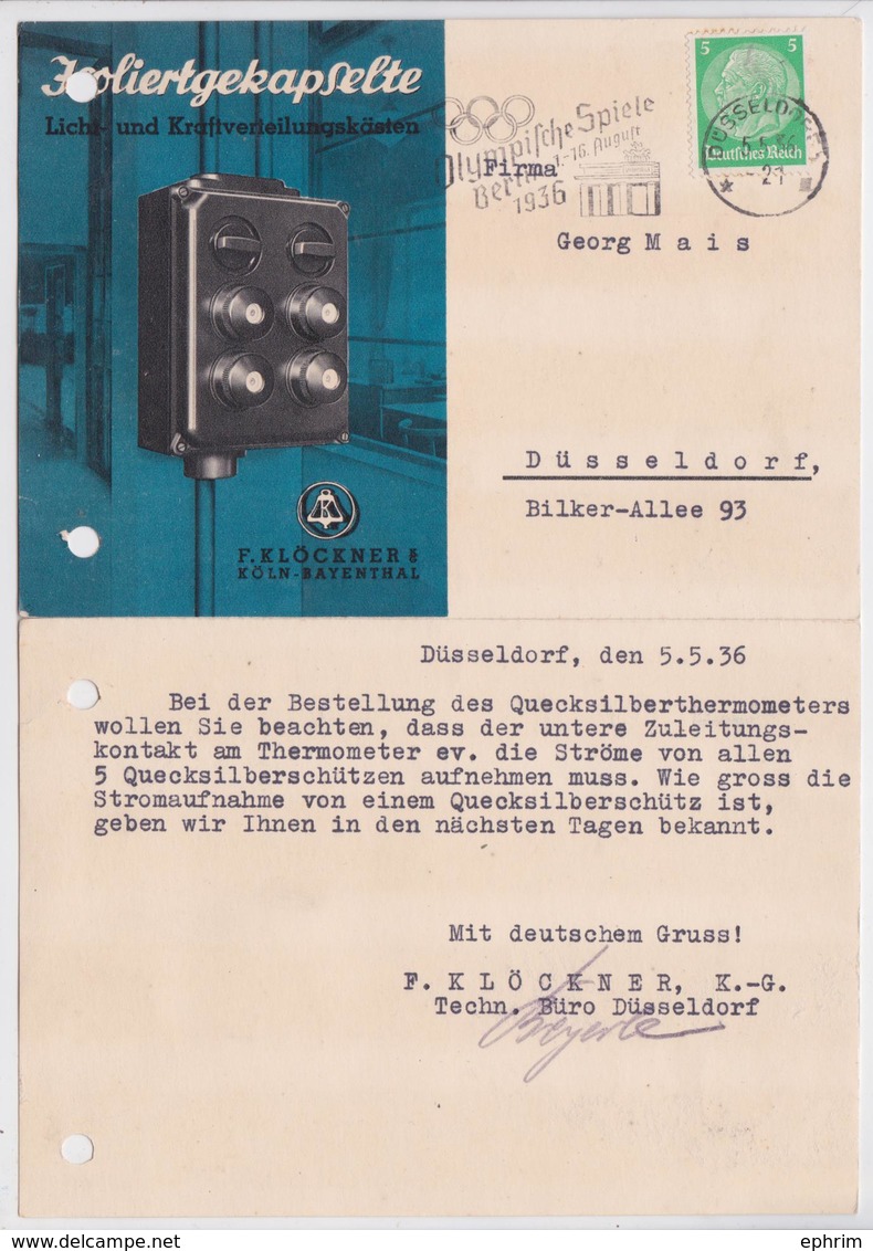 DÜSSELDORF LICHT UND KRAFTVERTEILUNGSKÄSTEN KLÖCKNER KÖLN BAYENTHAL DEUTSCHES REICH POSTKARTE OLYMPISCHE SPIELE 1936 - Lettres & Documents