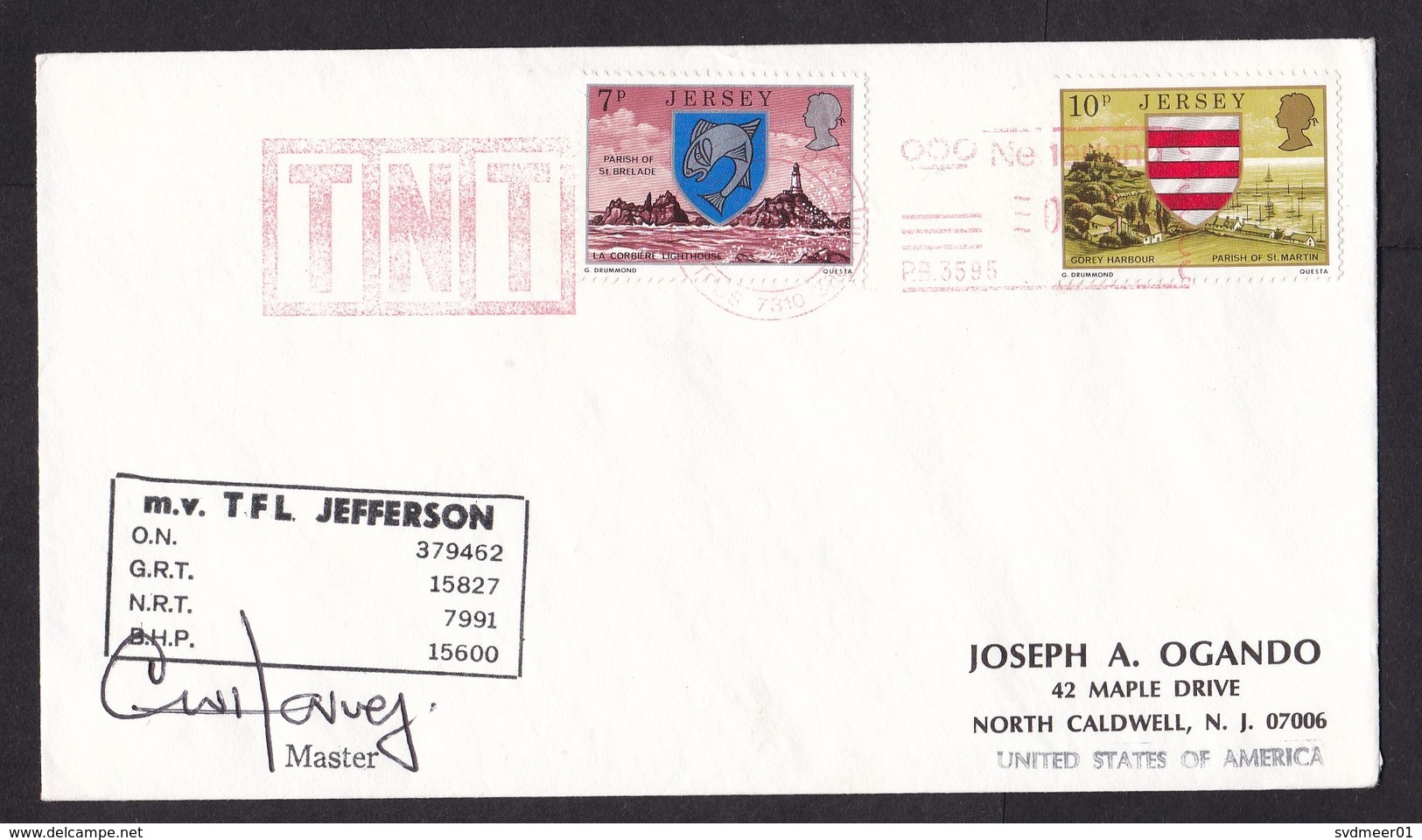 Jersey: Paquebot Cover To USA, 1991, 2 Stamps, Dutch Meter Cancel TNT, Ship Mail Rotterdam Harbour? (traces Of Use) - Jersey