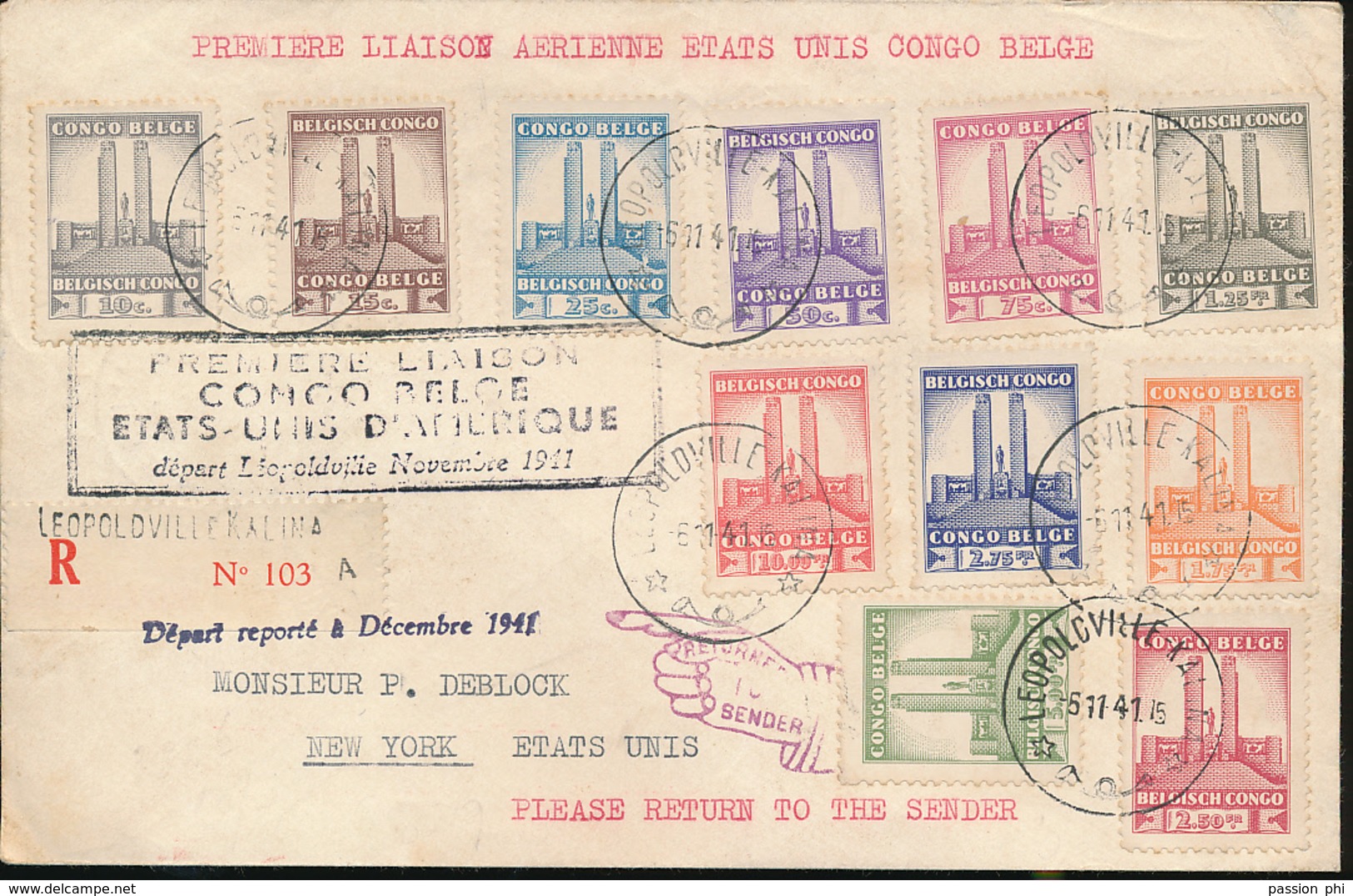 BELGIAN CONGO FIRST FLIGHT 1941 ISSUE ALBERT'S MEMORIAL SET BY REGISTERED ON STRATEGIC PANAM FLIGHT 1941 - Lettres & Documents