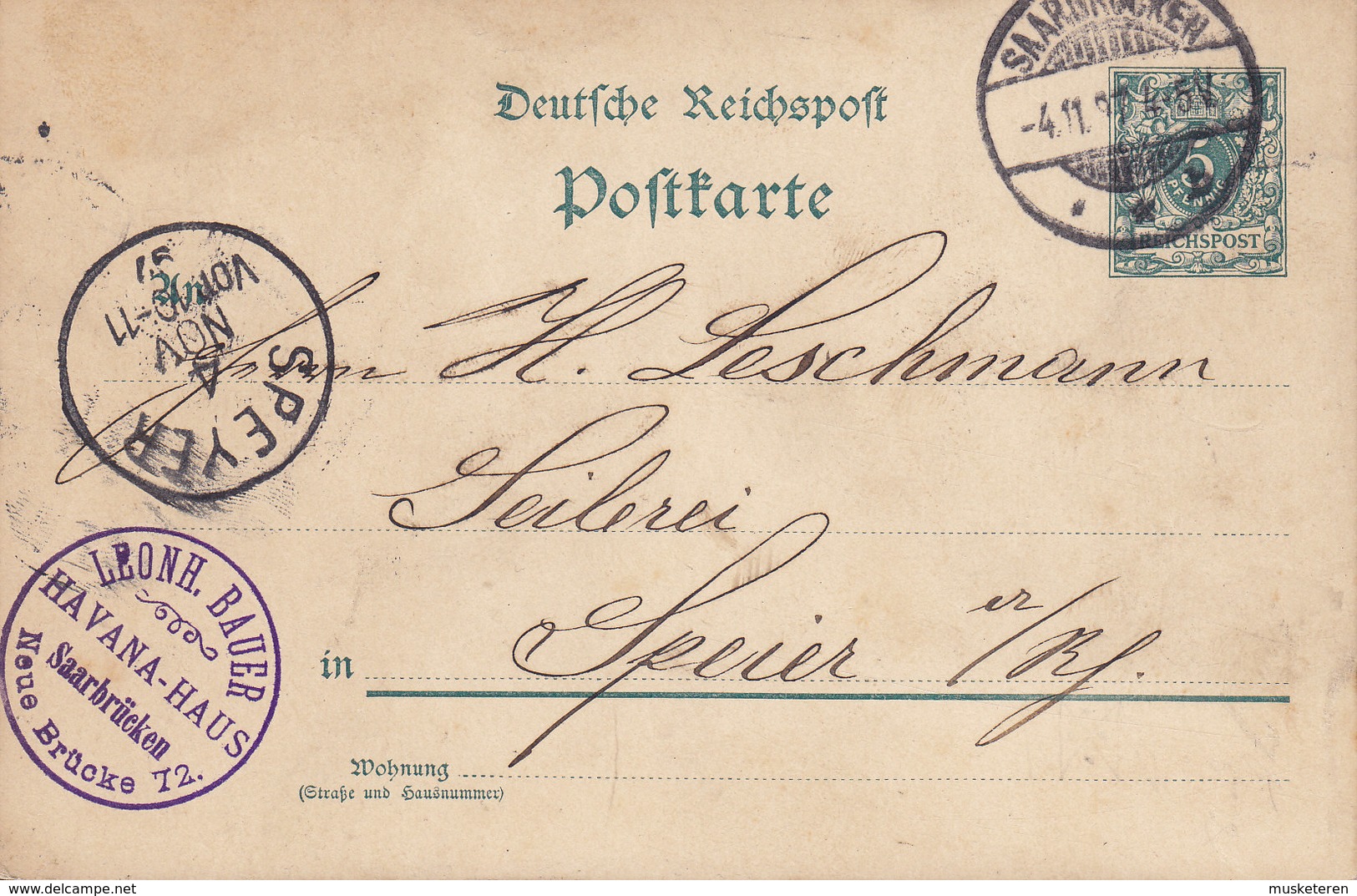 Saar Vorläufer Germany Deutsches Reich Postal Stationery Ganzsache LEONH. BAUER Havanna-Haus, SAARBRÜCKEN 1894 SPEYER - Ganzsachen