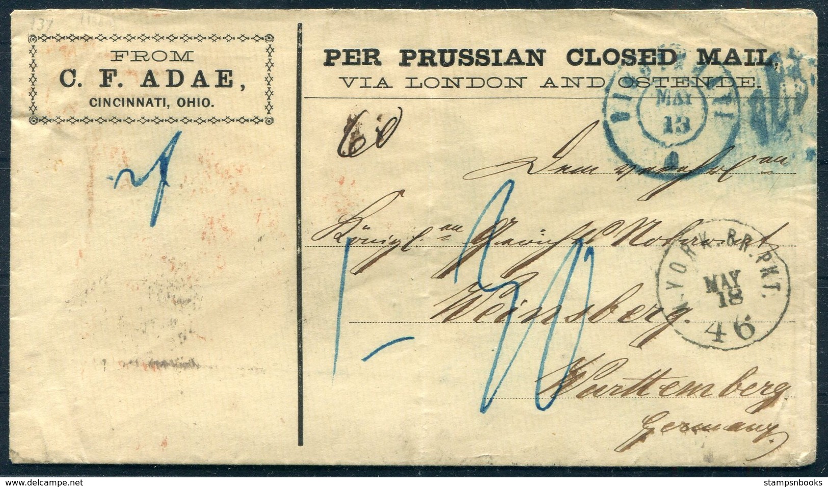 1864 USA Cincinnati Wurtemburg Consulat Cover - Weinsberg Germany. 'Prussian Closed Mail' New York Br. Pkt. Consular - Covers & Documents