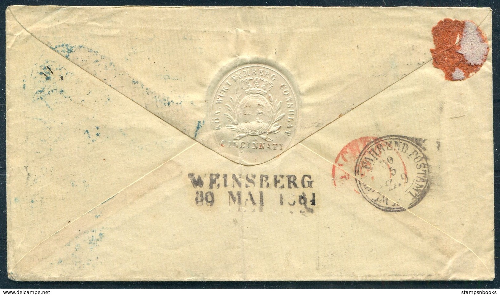 1864 USA Cincinnati Wurtemburg Consulat Cover - Weinsberg Germany. 'Prussian Closed Mail' New York Br. Pkt. Consular - Covers & Documents