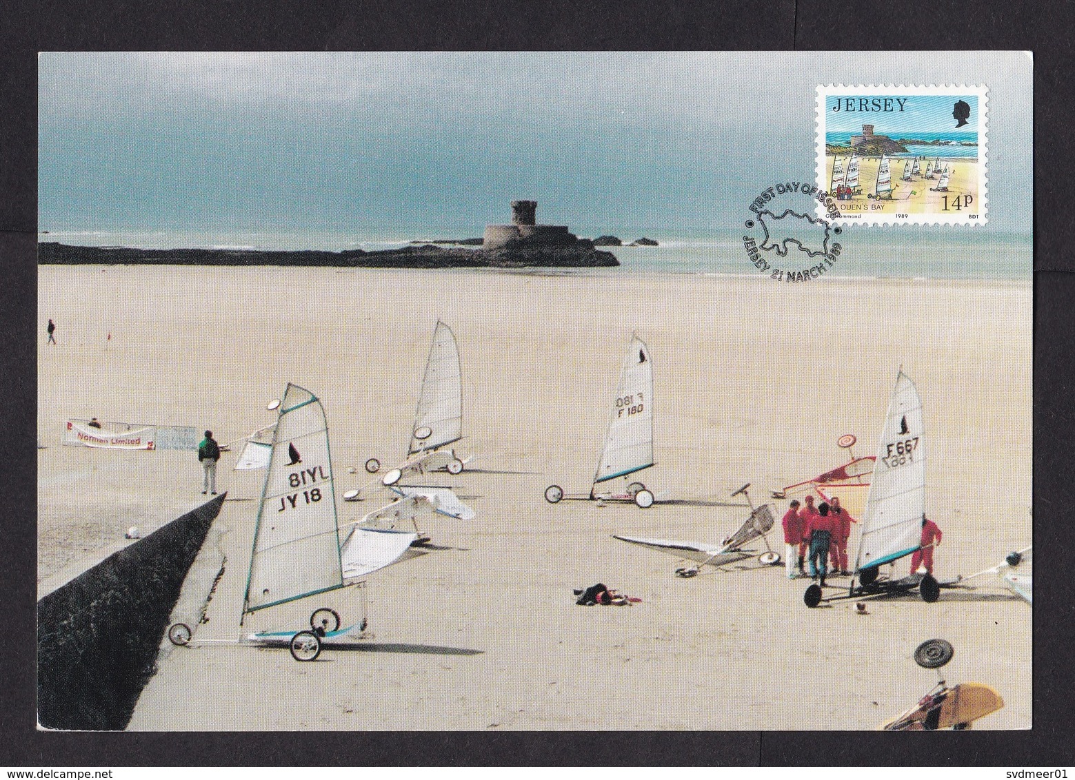 Jersey: Maximum Card, 1989, 1 Stamp, Very Small Cancel, Wind Surfing Cart, Surf, Beach Sports (number At Back) - Jersey