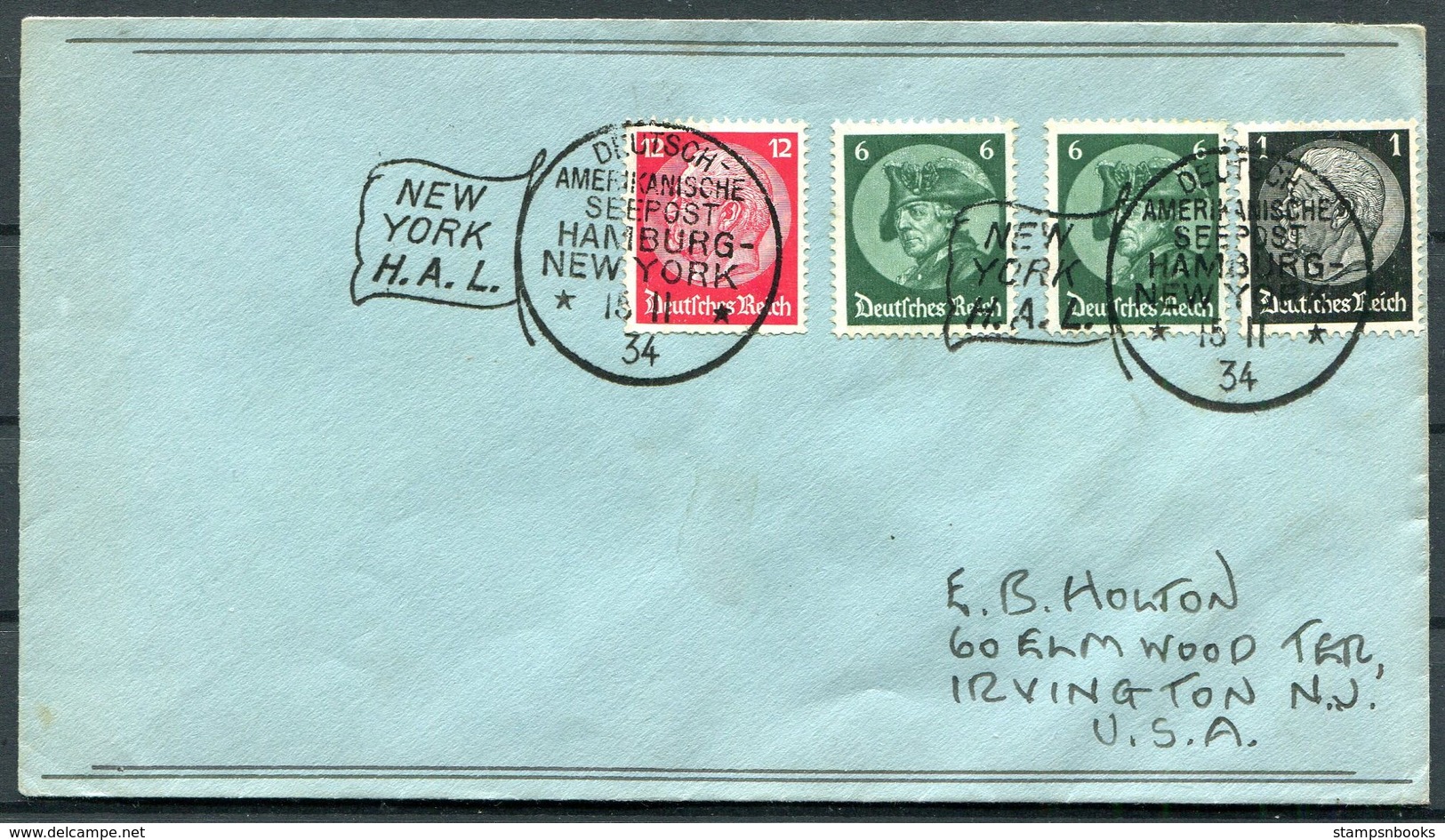 1934 Germany Deutsche Seepost Hamburg - Amerika Linie Ship Cover. New York USA - Briefe U. Dokumente