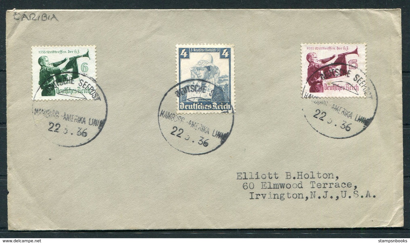 1936 Germany Deutsche Seepost Hamburg - Amerika Linie Ship Cover CARIBIA - Briefe U. Dokumente