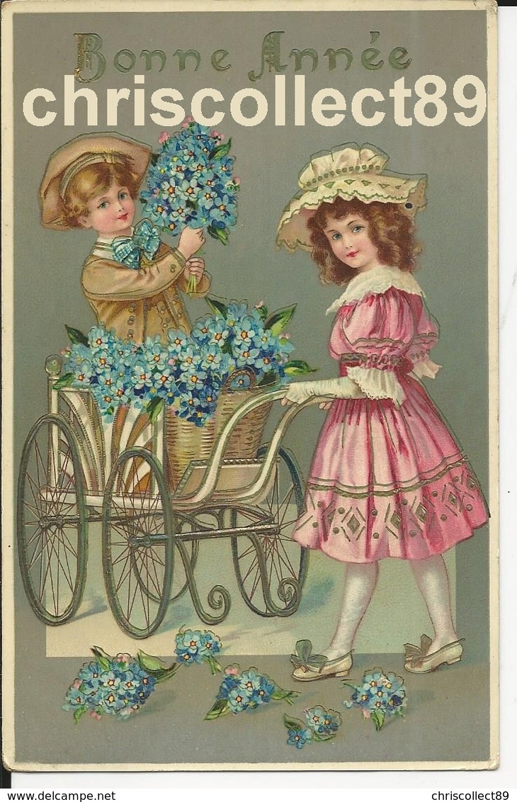 Carte Postale:  Enfants Poussette Et Myosotis  - Bonne  Année  - Glacée Et Reliefs - New Year