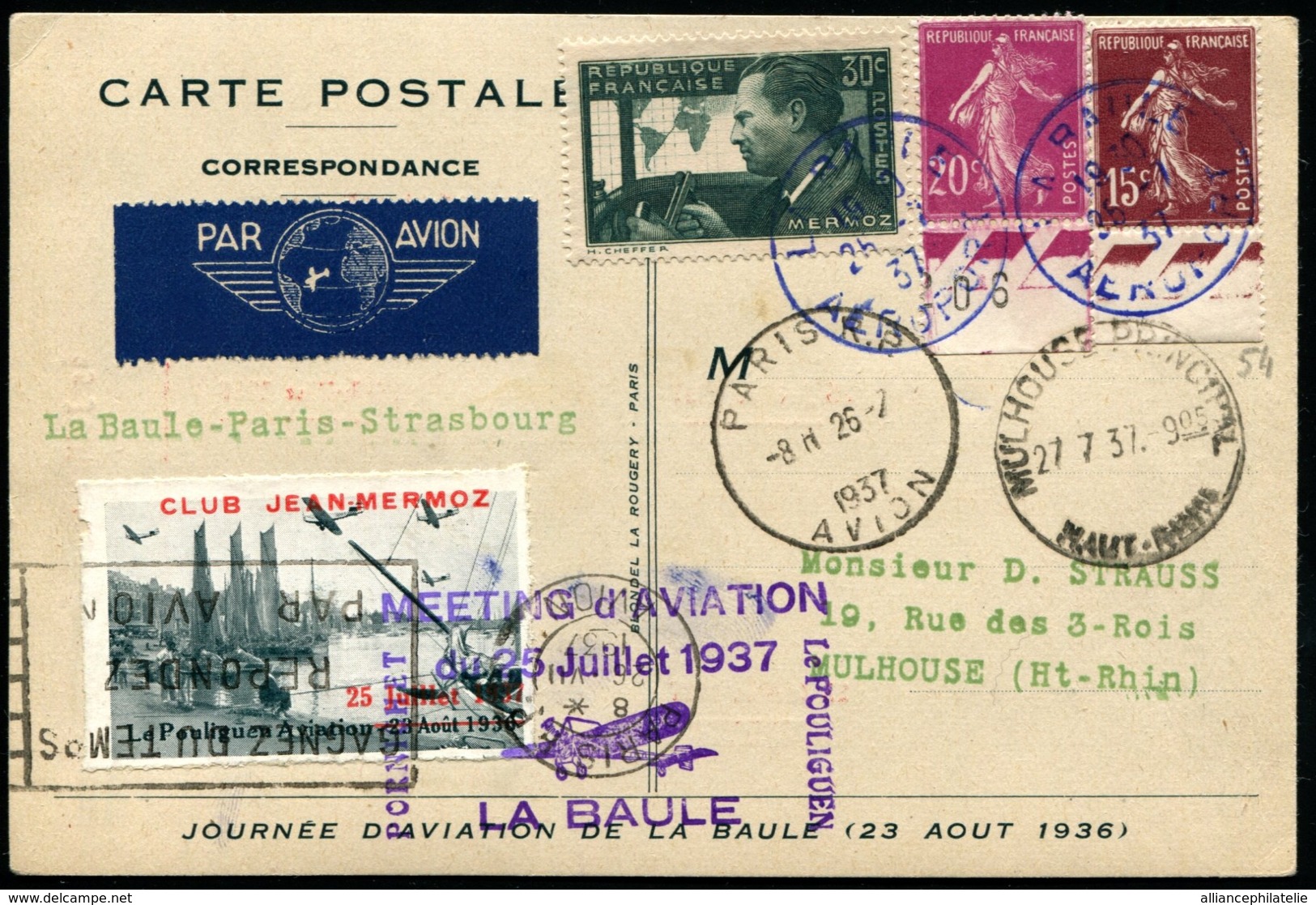 MEETING D'AVIATION LA BAULE 25/JUILLET/1937 - C.P Spéciale + Vignette Et C.S - TB - 1927-1959 Lettres & Documents