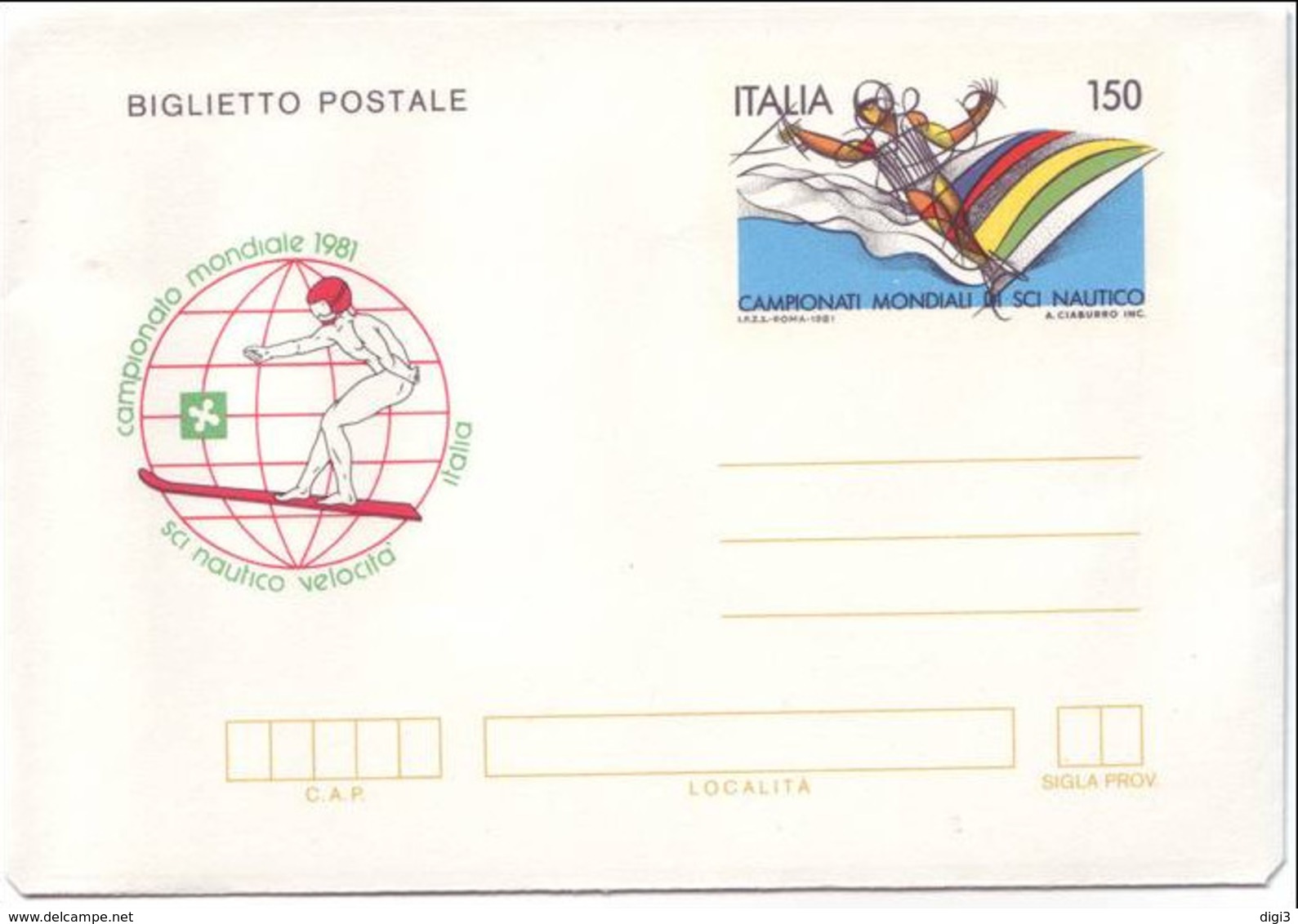 Italia, 1981, Biglietto Postale, Campionati Di Sci Nautico, L. 150, Nuovo - Entero Postal