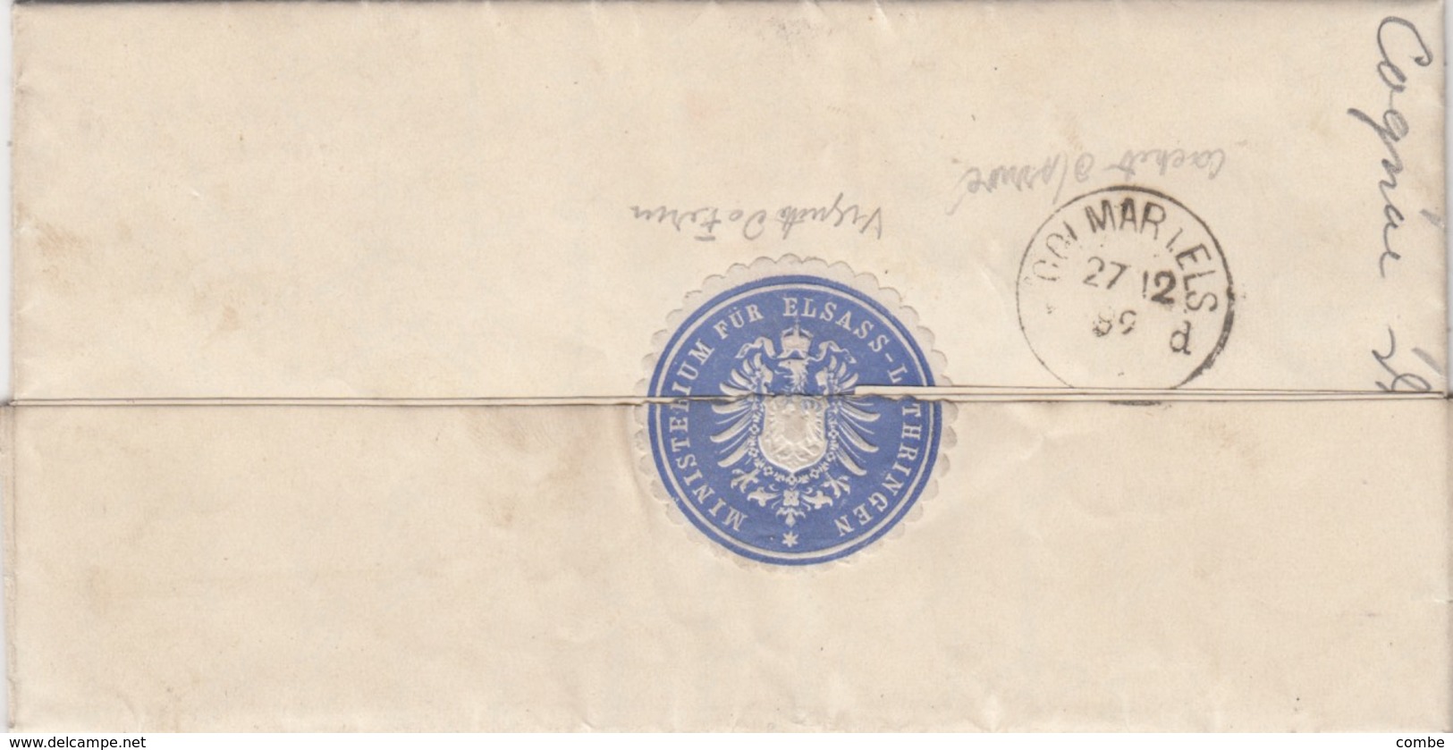 LETTRE. 27 12 1882. MINISTERIUM FÜR ELSASS  - LOTHRINGEN STRASSBURG POUR COLMAR. ETIQUETTE BLEUE AU VERSO - Autres & Non Classés