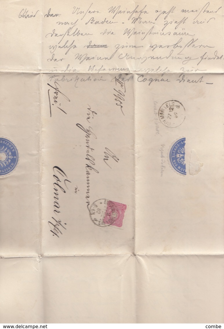 LETTRE. 27 12 1882. MINISTERIUM FÜR ELSASS  - LOTHRINGEN STRASSBURG POUR COLMAR. ETIQUETTE BLEUE AU VERSO