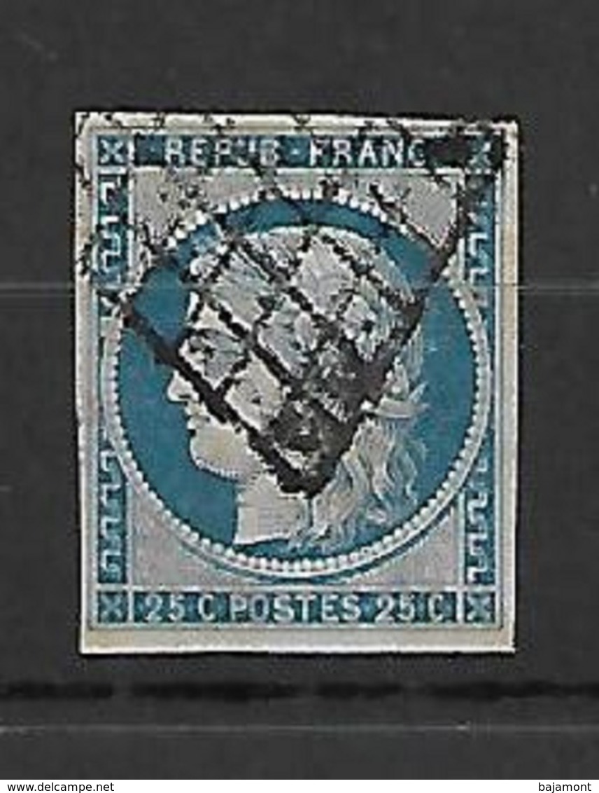 TIMBRE DE FRANCE 1850.  N° 4 CERES   .25c BLEU.  OBLITERATION  GRILLE  COTE +45€ - 1849-1850 Ceres