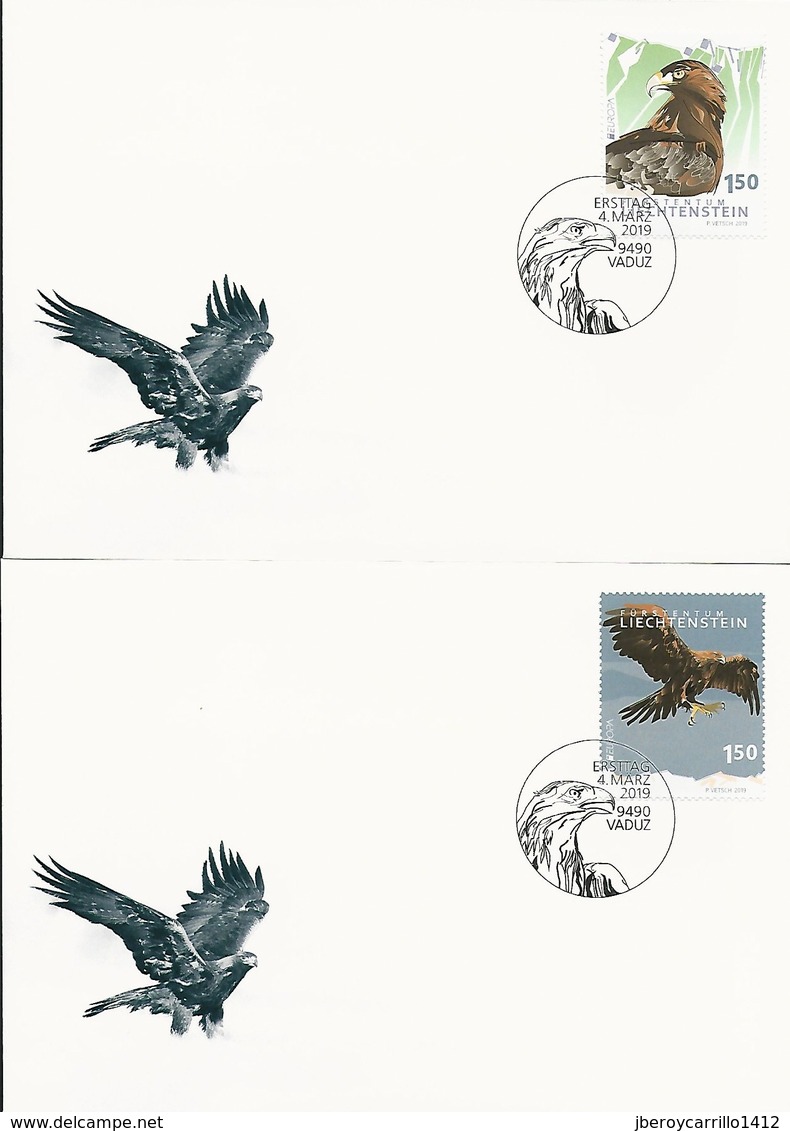 LIECHTENSTEIN 2019 - EUROPA 2019 -"AVES - BIRDS/WILDLIFE - VÖGEL - OISEAUX"- AGUILA REAL O DORADA - 2 FDC Con La SERIE - 2019