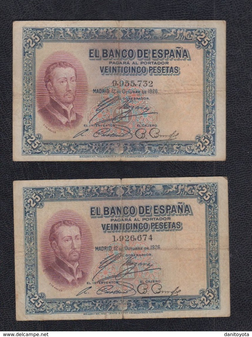 EDIFIL 325.  25 PTAS 12 DE OCTUBRE DE 1926  SIN SERIE.  LOTE DE 2 BILLETES. - 1-2-5-25 Pesetas