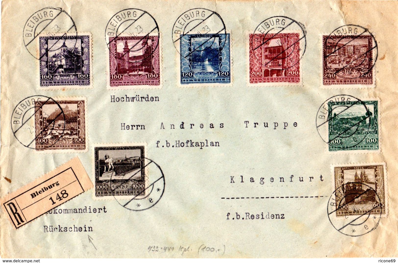 Österreich 1923, Kpl. Ausgabe Auf Einschreiben-Rückschein Brief V. Bleiburg - Briefe U. Dokumente