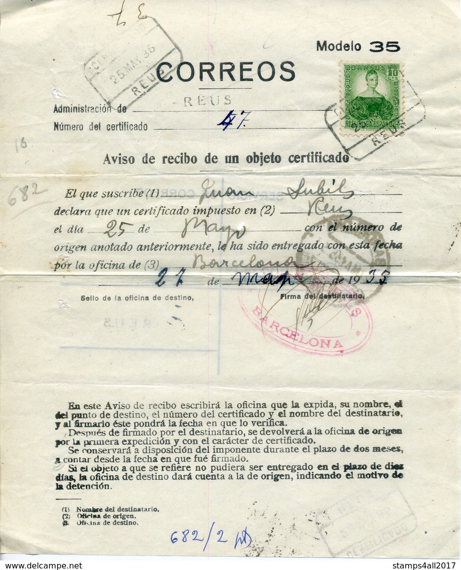 1936 SPAIN. REUS (Tarragona). Aviso De Recibo Objeto Certificado. 2 FOTOS - Lettres & Documents