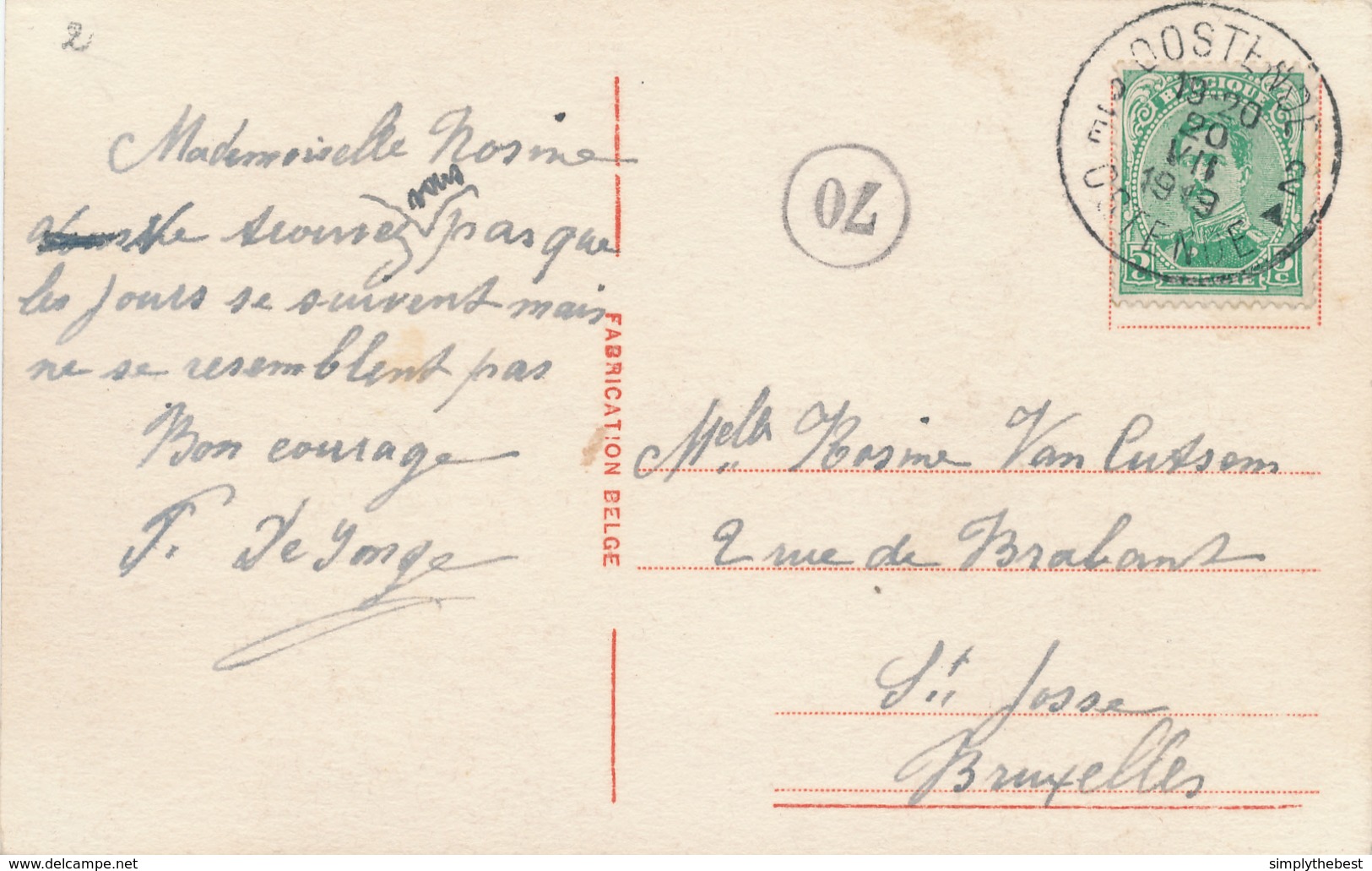 647/28 - Carte Fantaisie TP Petit Albert 5 C (Type V - 137AA) OOSTENDE 2 En 1919 Vers BXL - COB 60 EUR S/document - 1915-1920 Albert I