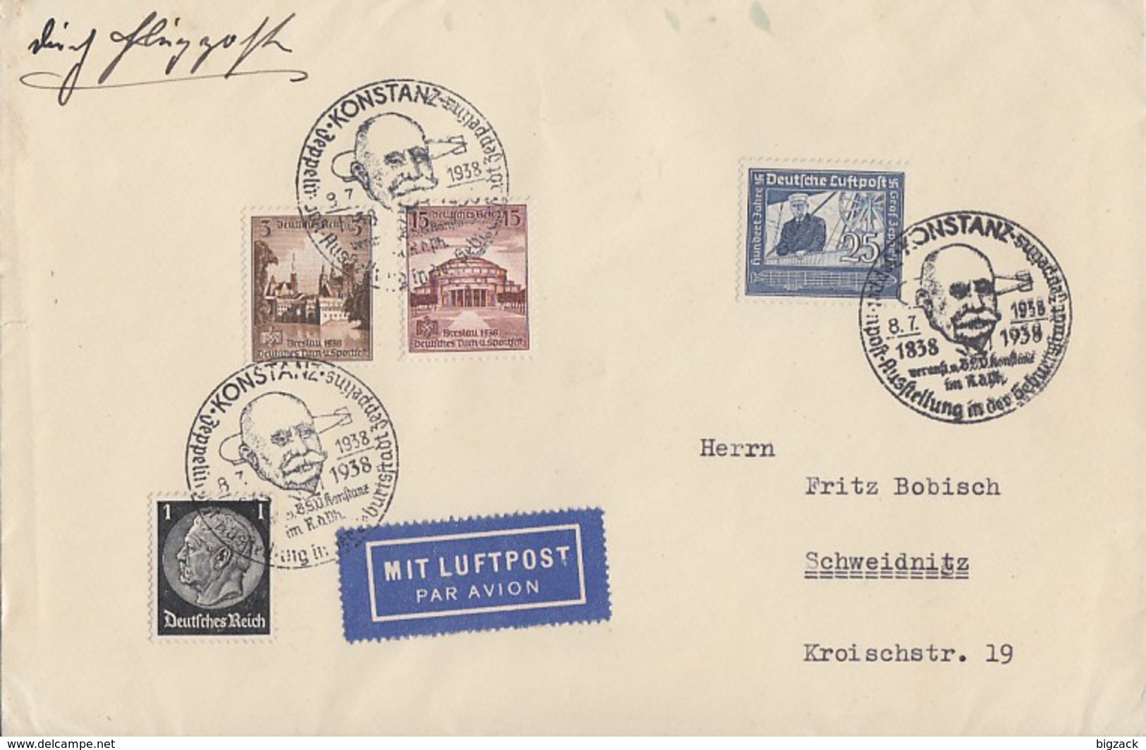 DR Luftpost-Brief Mif Minr.512,665,668,669 SST Konstanz 8.7.38 - Briefe U. Dokumente