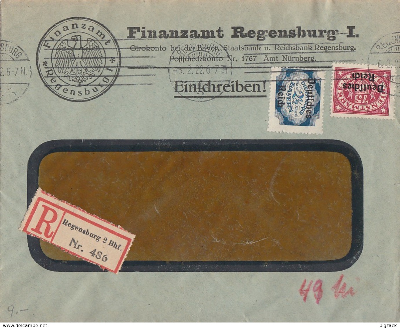 DR Dienst R-Brief Mif Minr.D43, D49 Regensburg 6.2.22 Geprüft - Dienstmarken