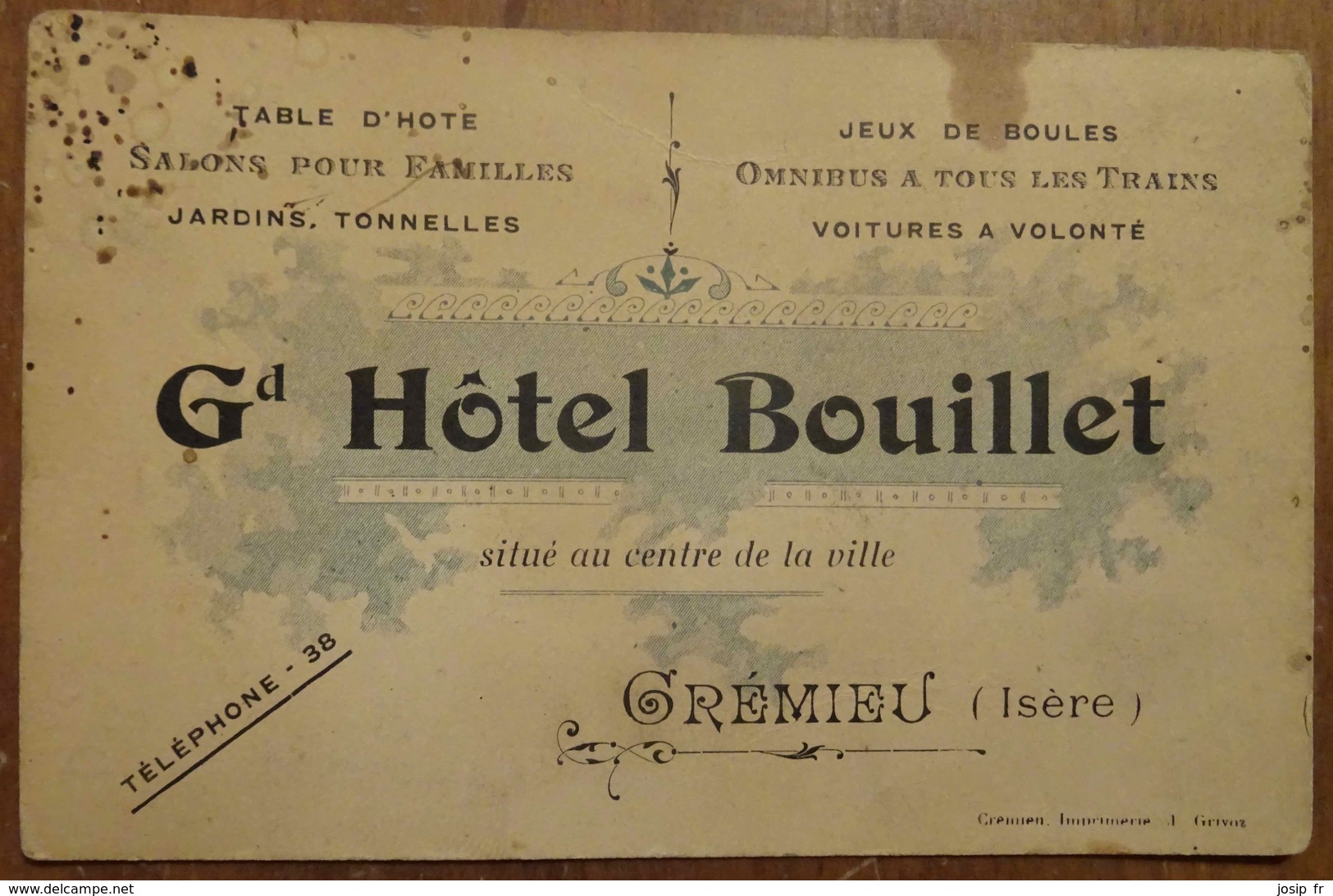 CARTE DU GRAND HÔTEL BOUILLET à CRÉMIEU (ISÈRE) - Cartes D'hotel