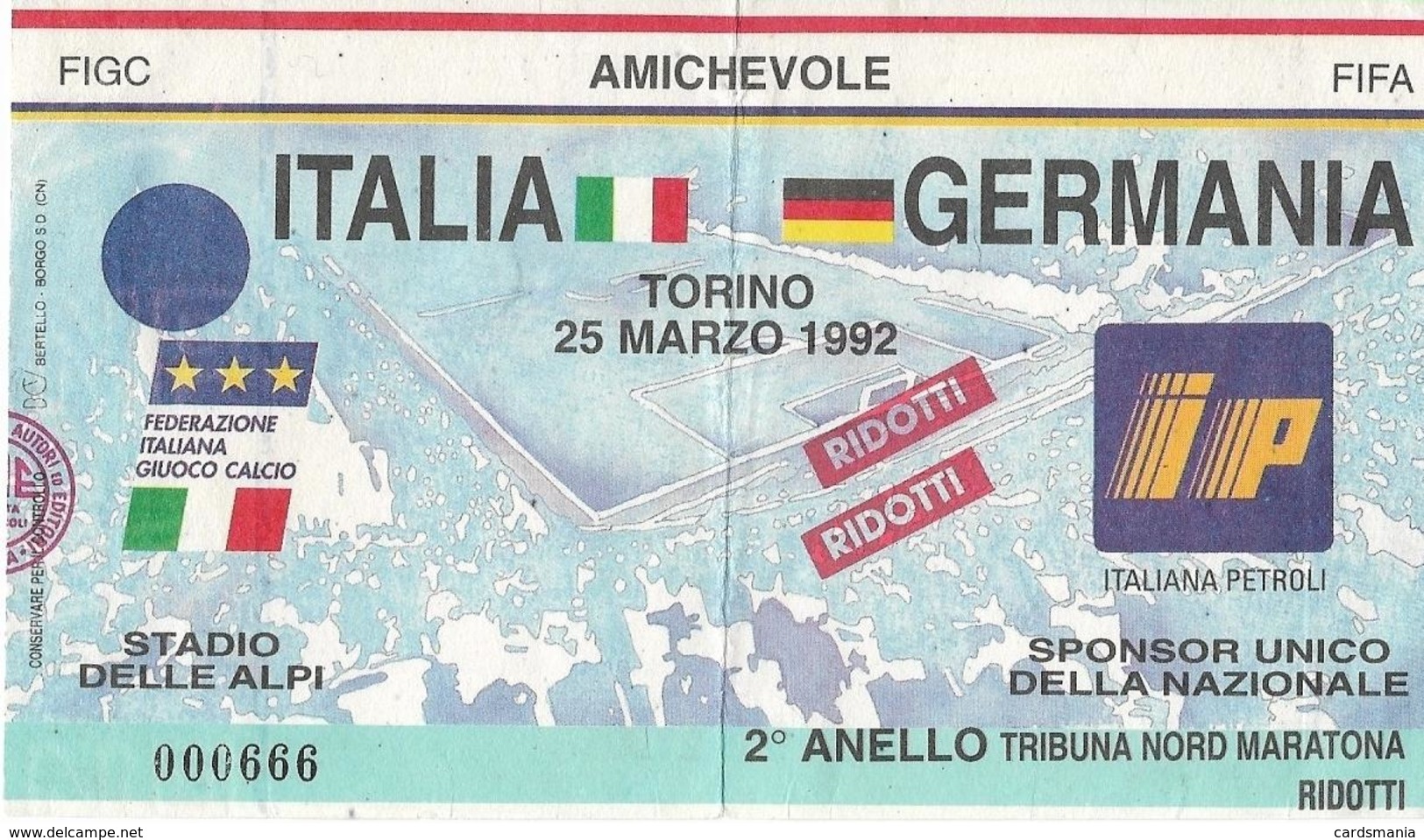 Biglietto ITALIA-GERMANIA 25/03/1992 - Altri & Non Classificati