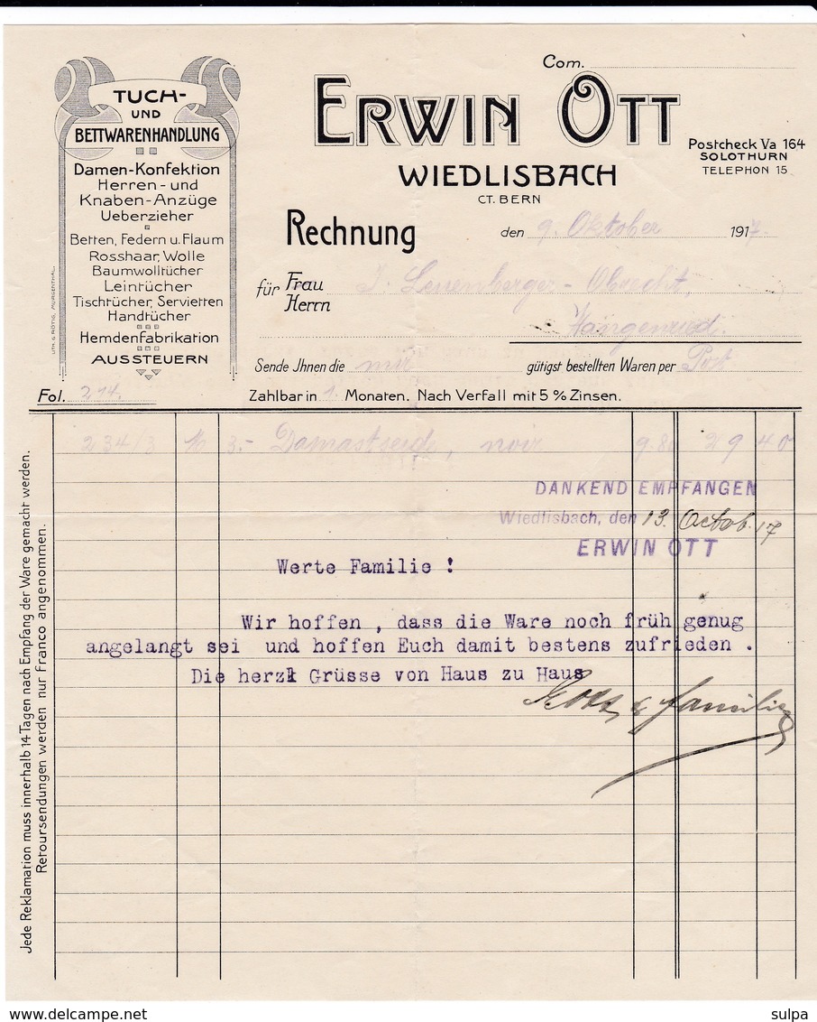 Erwin Ott, Wiedlisbach, Tuch- Und Bettwarenhandlung. Rechnung 1917. Jugendstil - Suisse