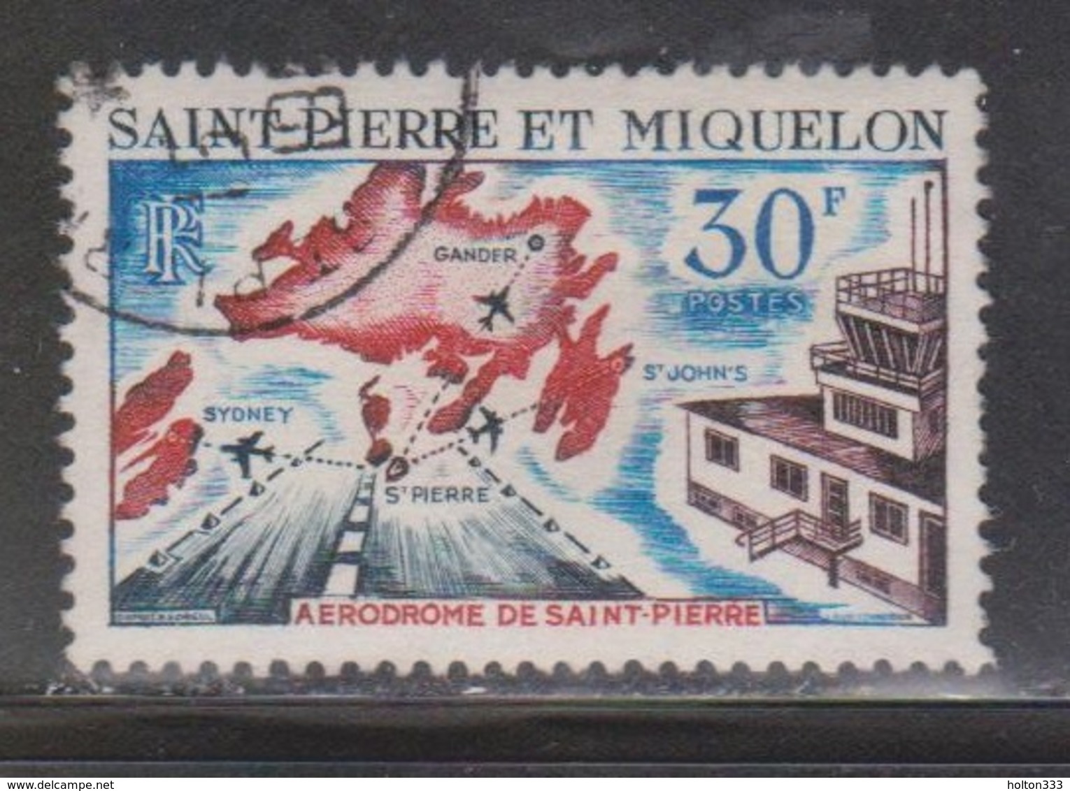 ST PIERRE & MIQUELON Scott # C374 Used - St Pierre Airport & Map - Usati