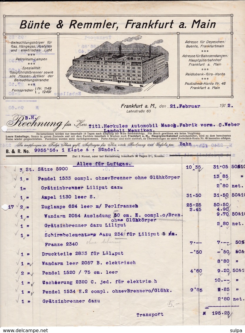 Bünte & Remmler, Frankfurt A,. Main. Rechnung 1912 Nach Menziken (Schweiz) - Électricité & Gaz