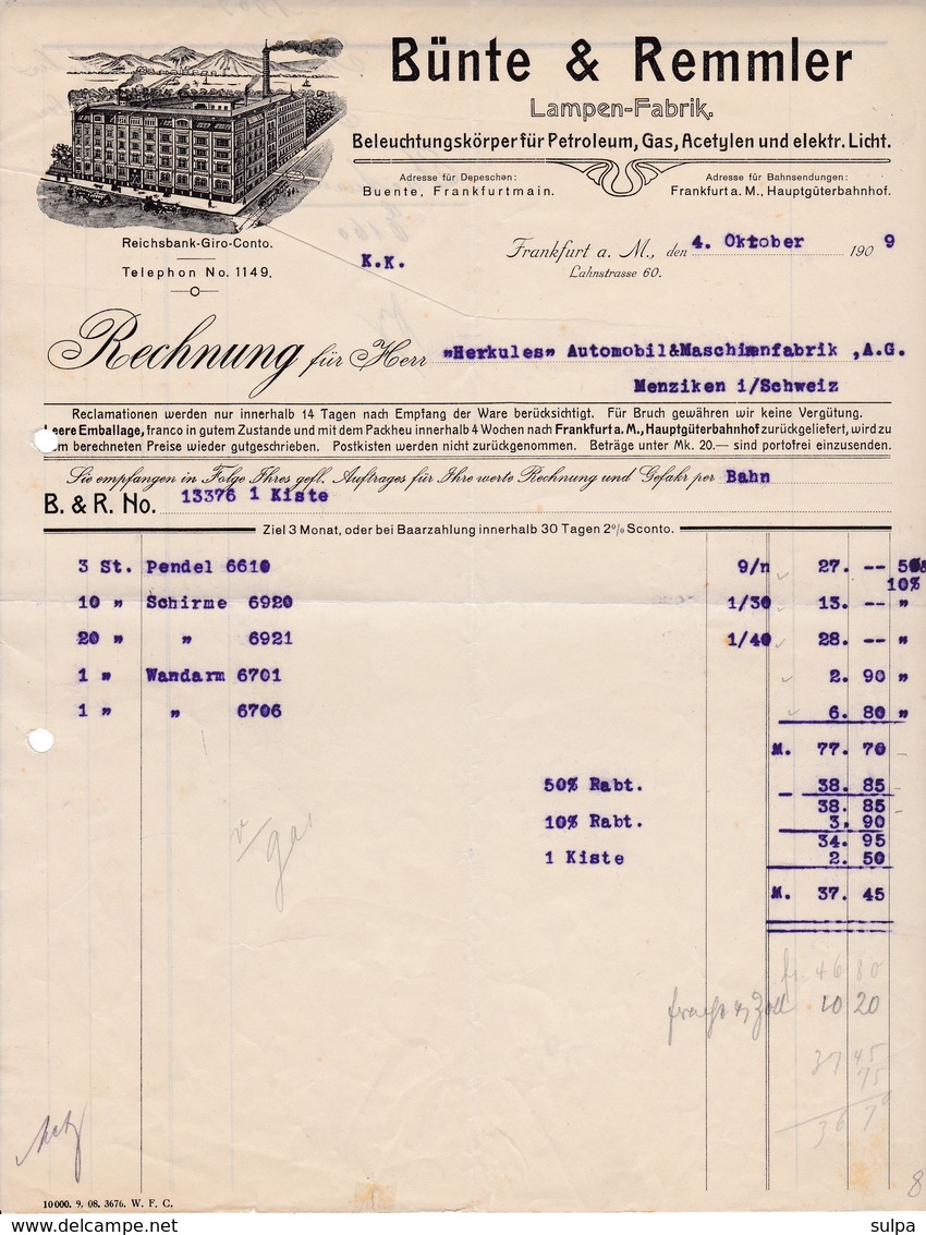 Bünte & Remmler, Frankfurt A,. Main. Rechnung 1909 Nach Menziken (Schweiz) - Elektriciteit En Gas