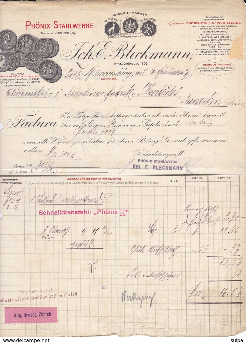 Joh. E. Bleckmann, Phönix-Stahlwerke, Soliongen. Rechnung 1907 Nach Menziken (Schweiz) - Sonstige & Ohne Zuordnung