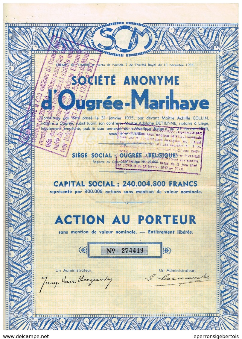 Titre Ancien - Sté Anonyme D'Ougrée-Marihaye - Titre De 1935 - N° 274419 - Mines