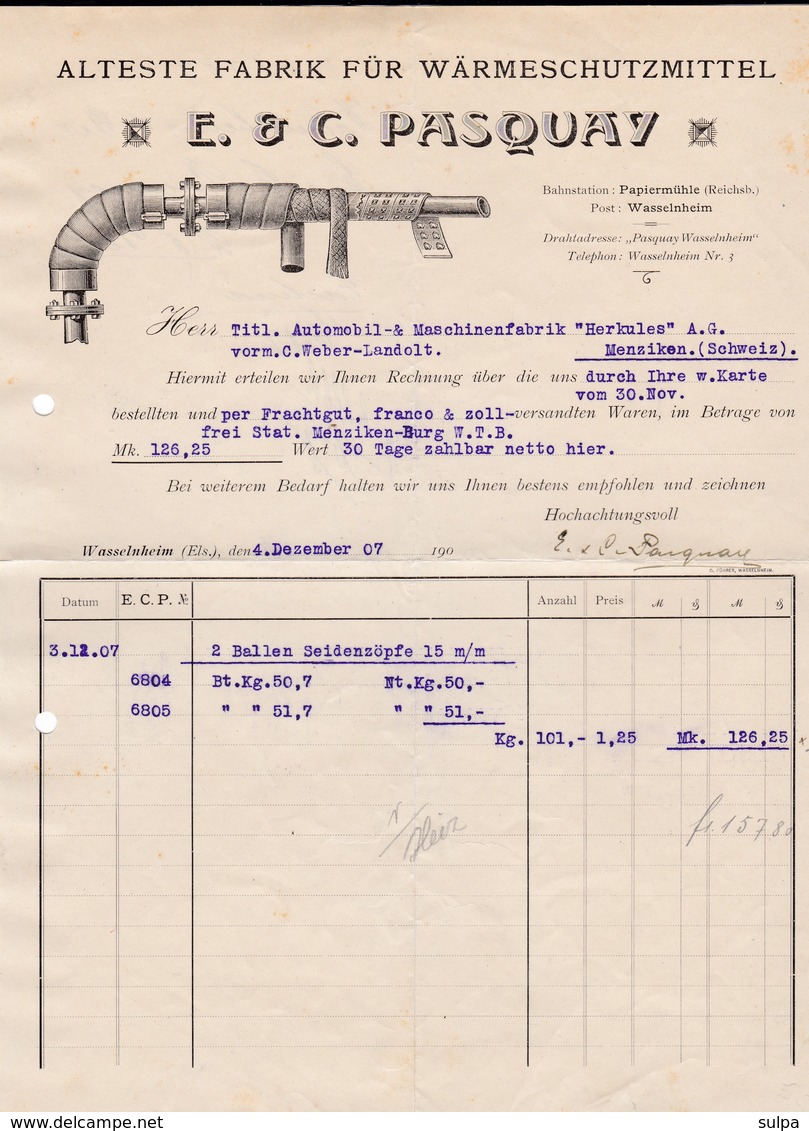 E & C. Pasquay, Wärmeschutzmittel-Fabrik. Rechnung 1907 Nach Menziken (Schweiz) - Autres & Non Classés