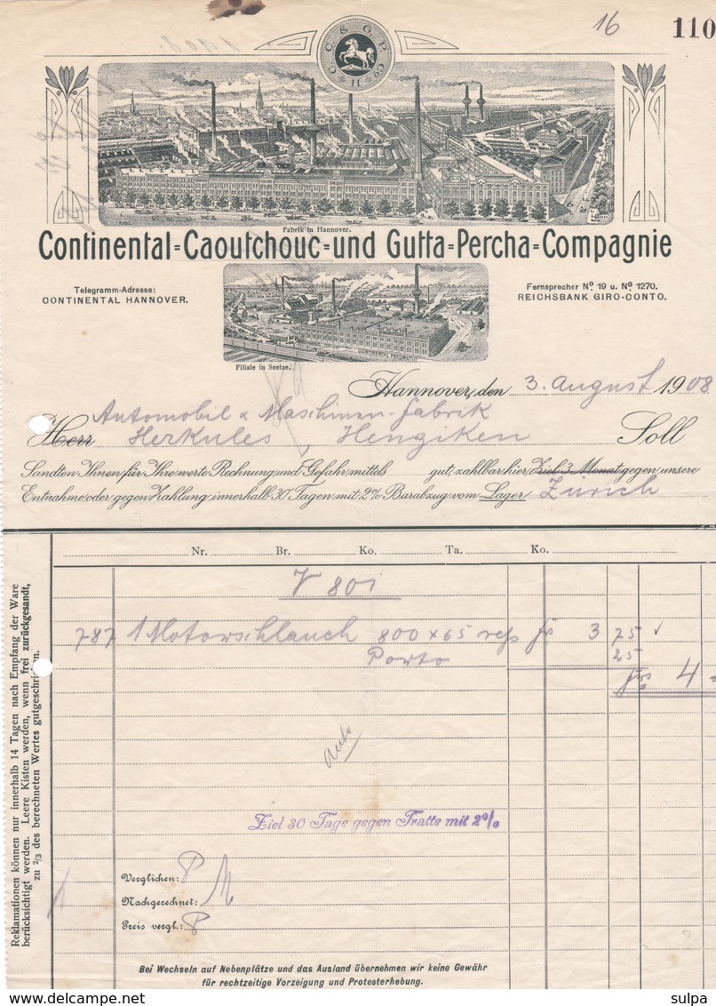 Continental-Caoutchouc- Und Gutta-Percha-Compagnie, Hannover. Rechnung 1908 Nach Menziken (Schweiz) - Auto's