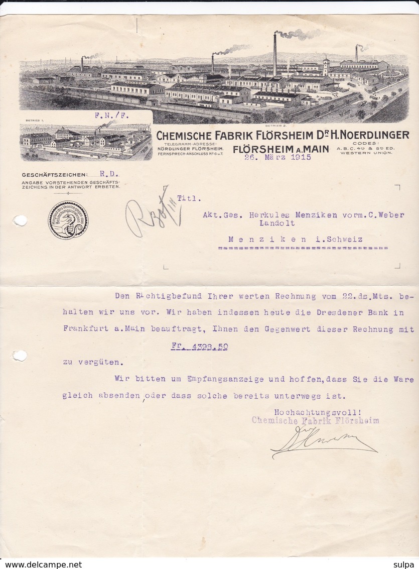 Chemische Fabrik Flörsheim A. Main. Mitteilung Betreffend Rechnung 1915 Nach Menziken (Schweiz) - Altri & Non Classificati